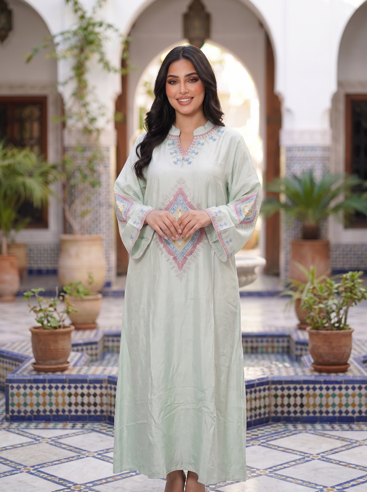 Women’s Light Green Geometric Embroidered Maxi Kaftan Dress – Elegant Long-Sleeve Festive Abaya