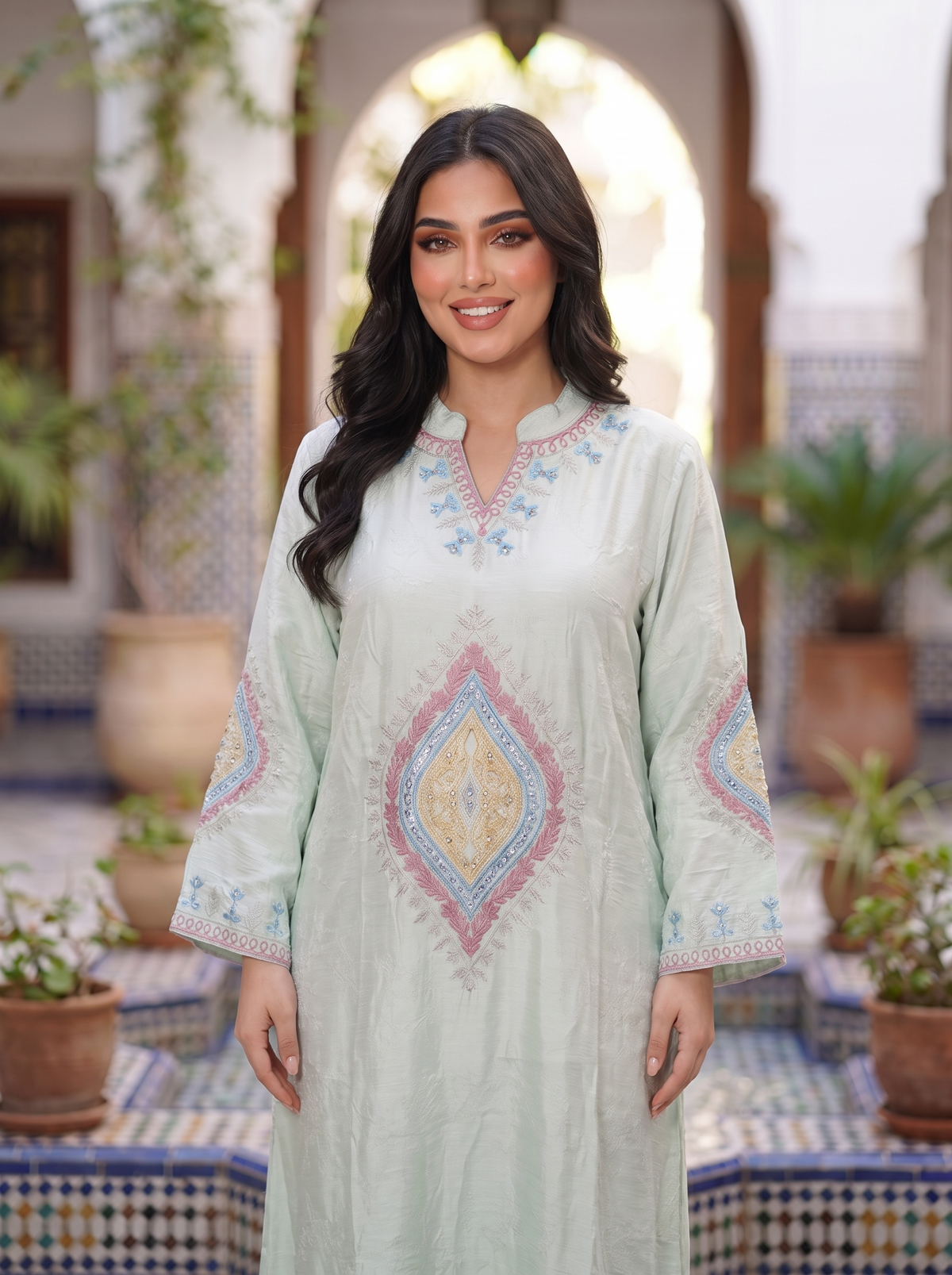 Women’s Light Green Geometric Embroidered Maxi Kaftan Dress – Elegant Long-Sleeve Festive Abaya