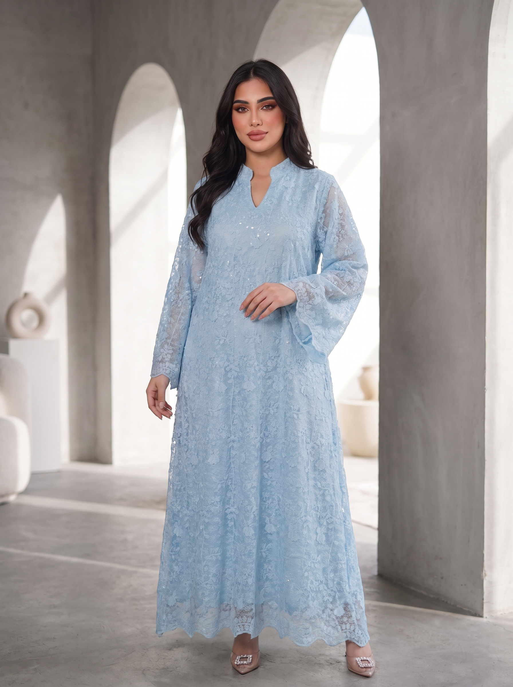 Women’s Light Blue Lace Overlay & Sequin Maxi Kaftan Dress – Elegant Long-Sleeve Festive Abaya