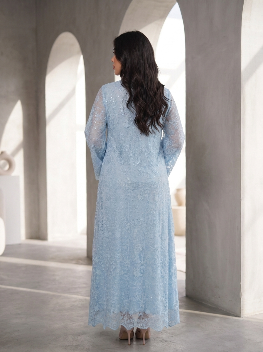 Women’s Light Blue Lace Overlay & Sequin Maxi Kaftan Dress – Elegant Long-Sleeve Festive Abaya
