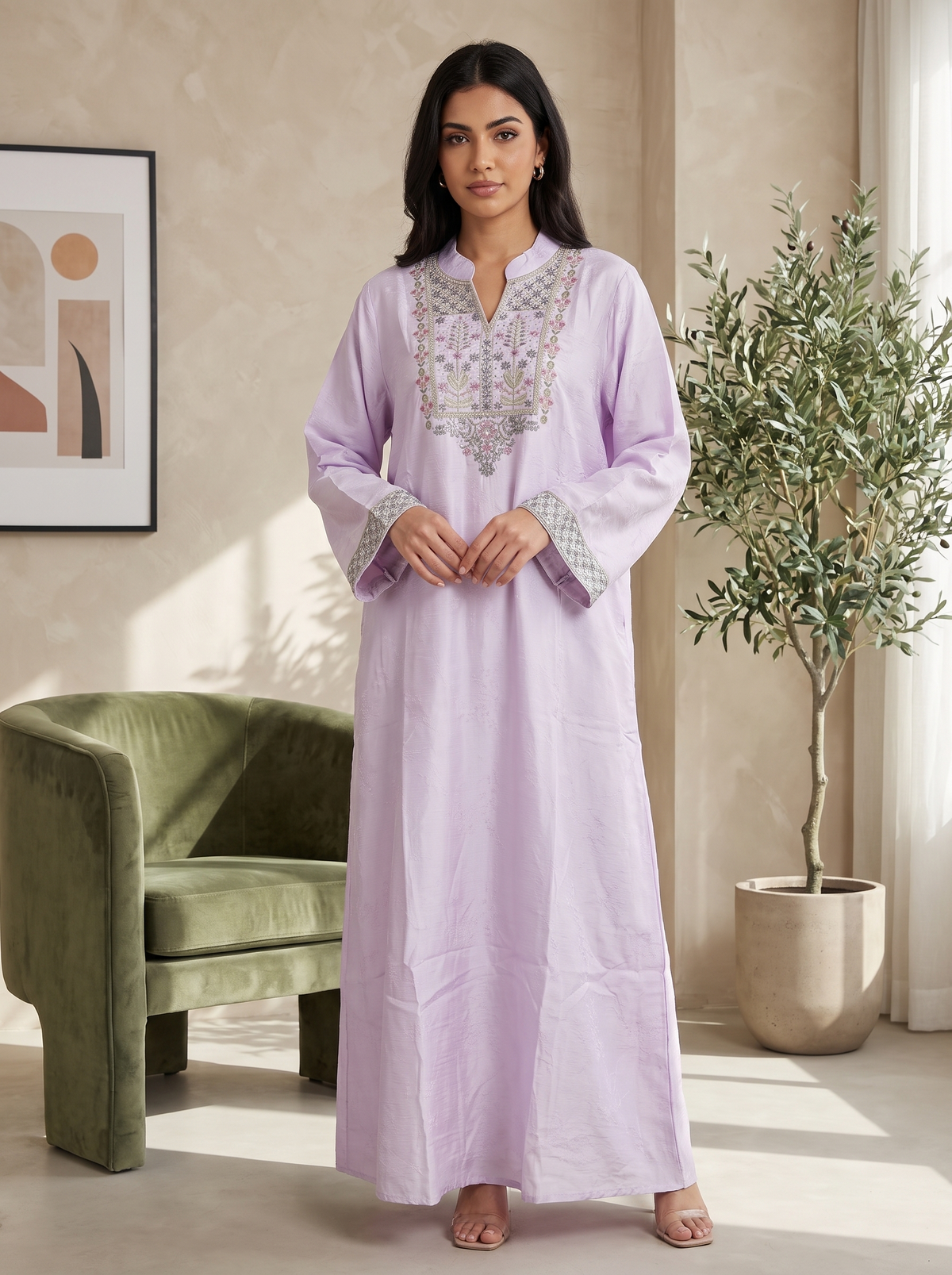 Women’s Lilac Embroidered & Embellished Maxi Kaftan Dress – Elegant Long-Sleeve Festive Abaya