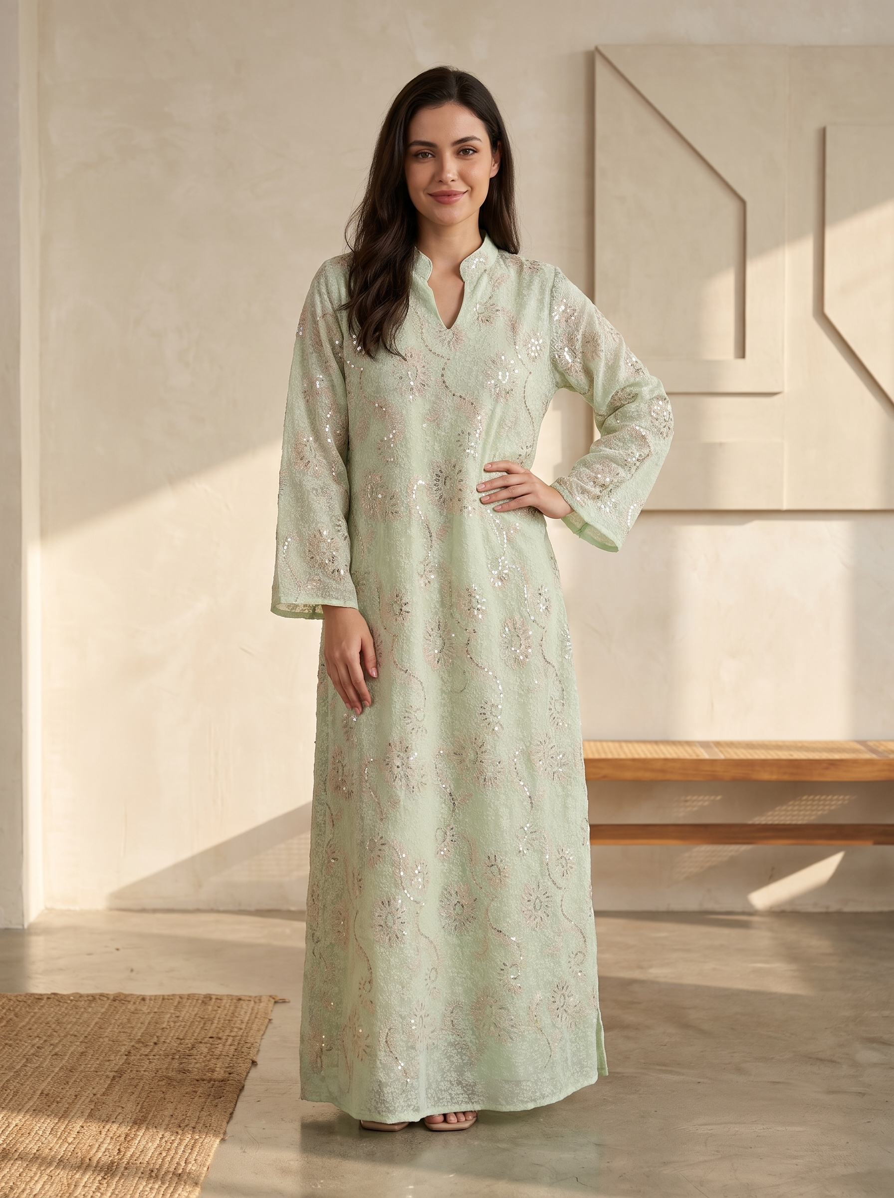 Women’s Pastel Green Floral Embroidered & Sequin Lace Maxi Kaftan Dress – Elegant Long-Sleeve Festive Abaya