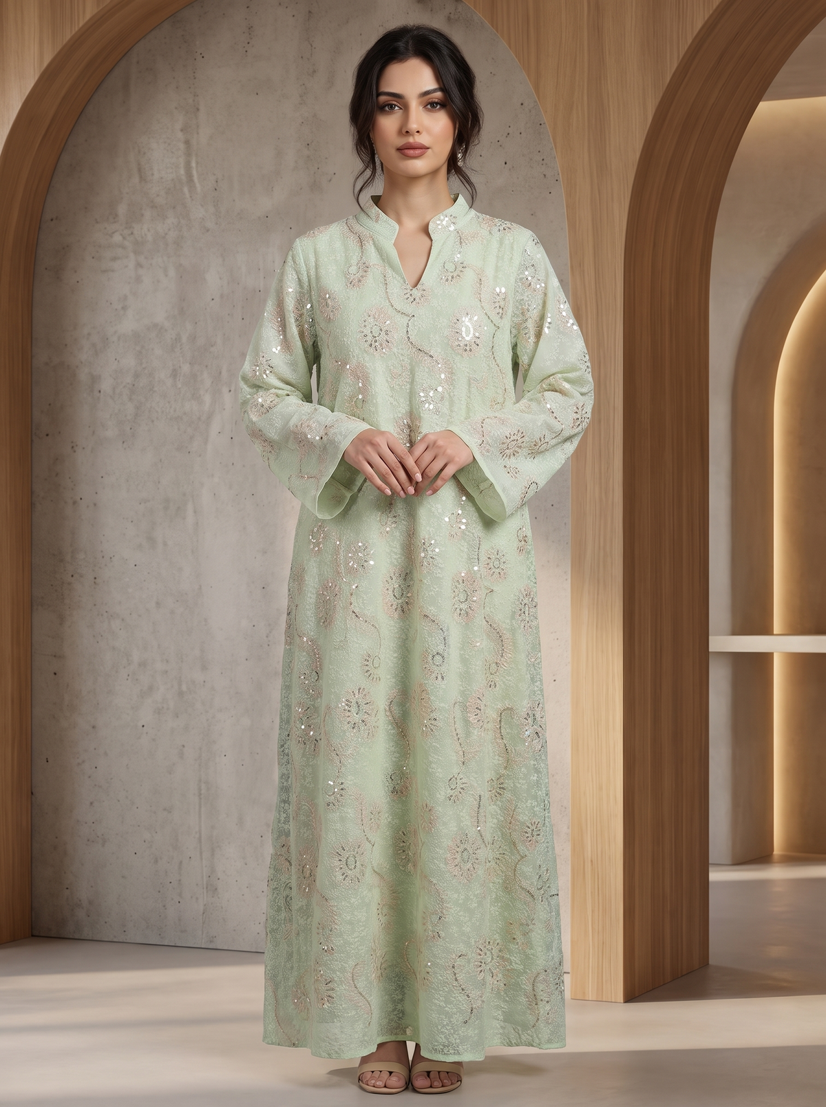 Women’s Pastel Green Floral Embroidered & Sequin Lace Maxi Kaftan Dress – Elegant Long-Sleeve Festive Abaya