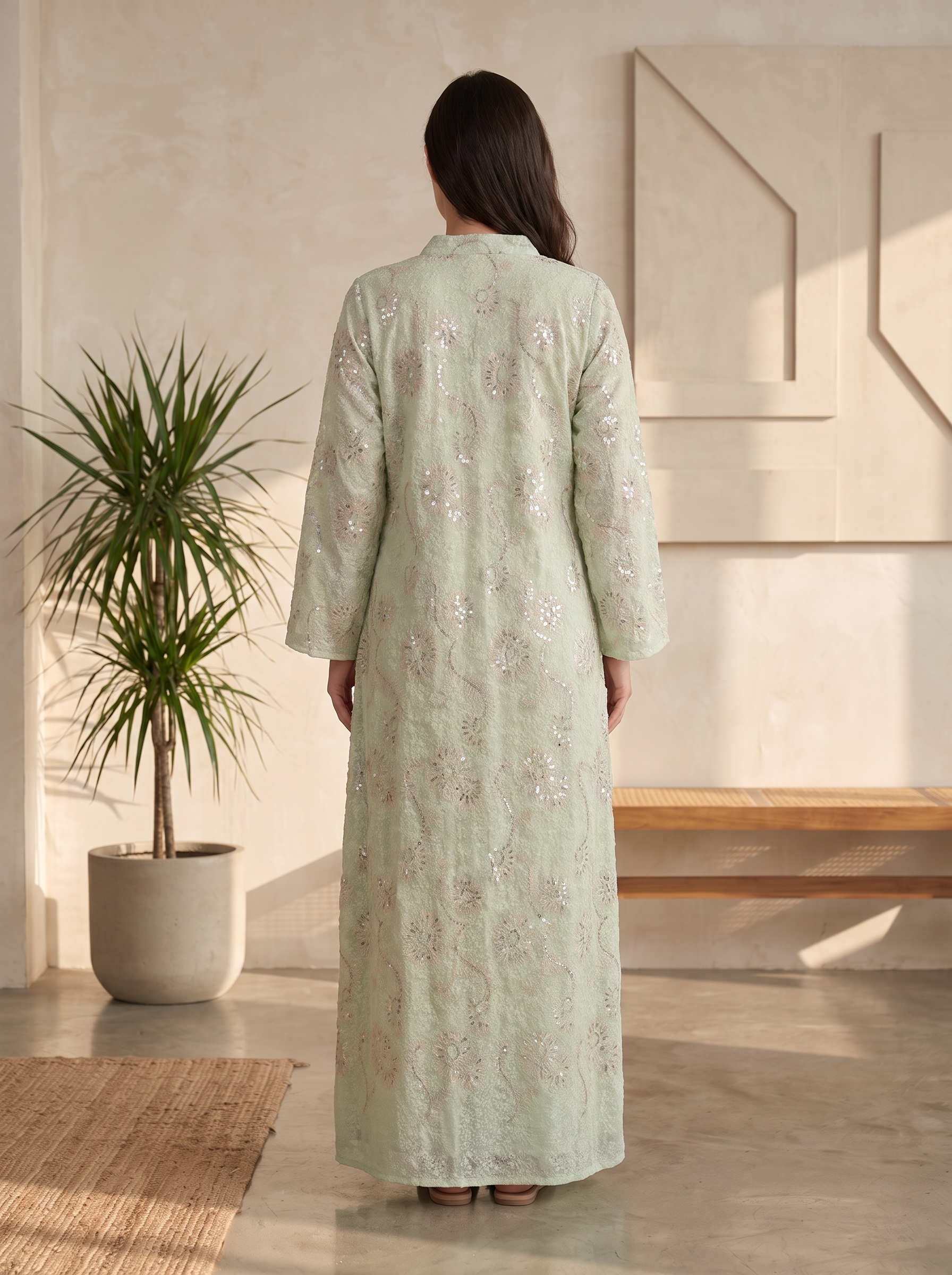 Women’s Pastel Green Floral Embroidered & Sequin Lace Maxi Kaftan Dress – Elegant Long-Sleeve Festive Abaya