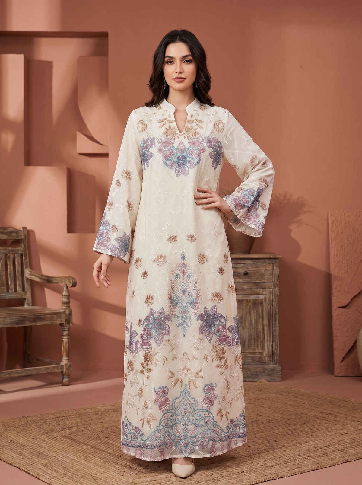 Women’s Cream Floral Embroidered & Rhinestone Maxi Kaftan Dress – Elegant Long-Sleeve Festive dress