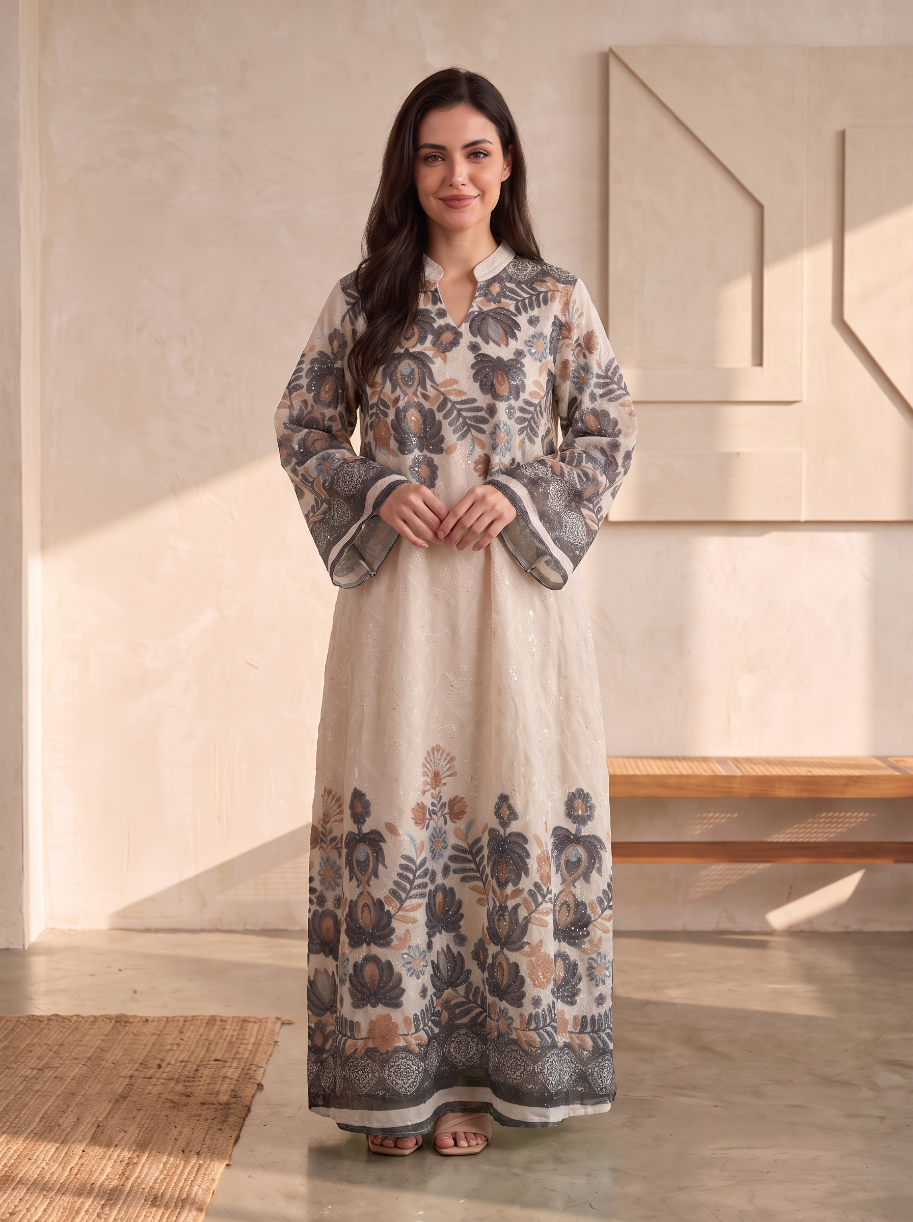 Women’s Cream & Charcoal Floral Print Maxi Kaftan Dress – Elegant Long-Sleeve Festive Abaya