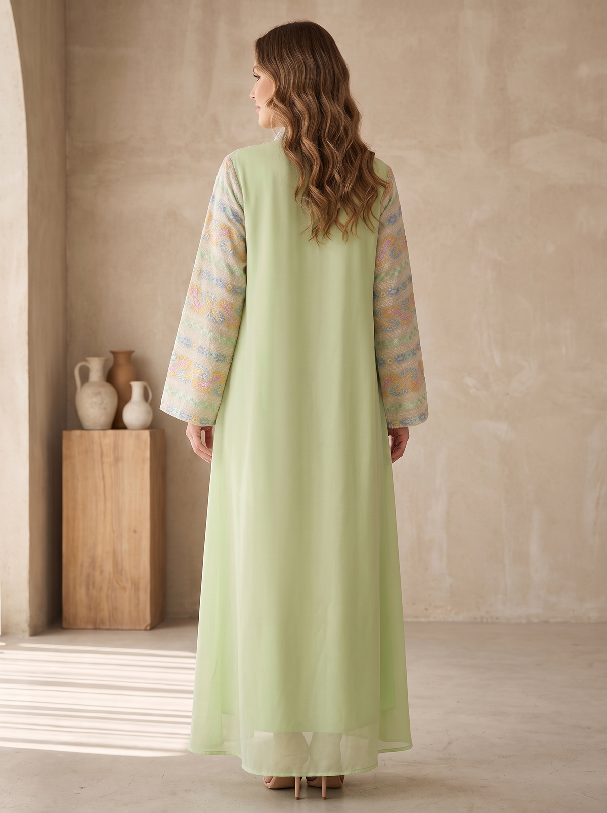 Women’s Sage Green Embroidered Front-Panel Maxi Kaftan Dress – Elegant Long-Sleeve Festive Abaya