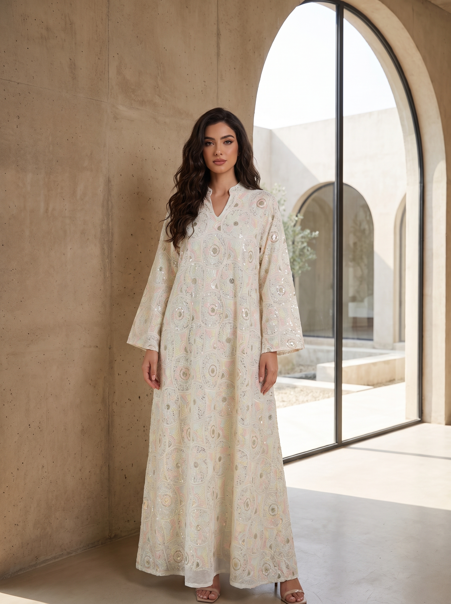 Women’s Ivory Geometric Sequin-Embroidered Maxi Kaftan Dress – Elegant Long-Sleeve Festive Abaya