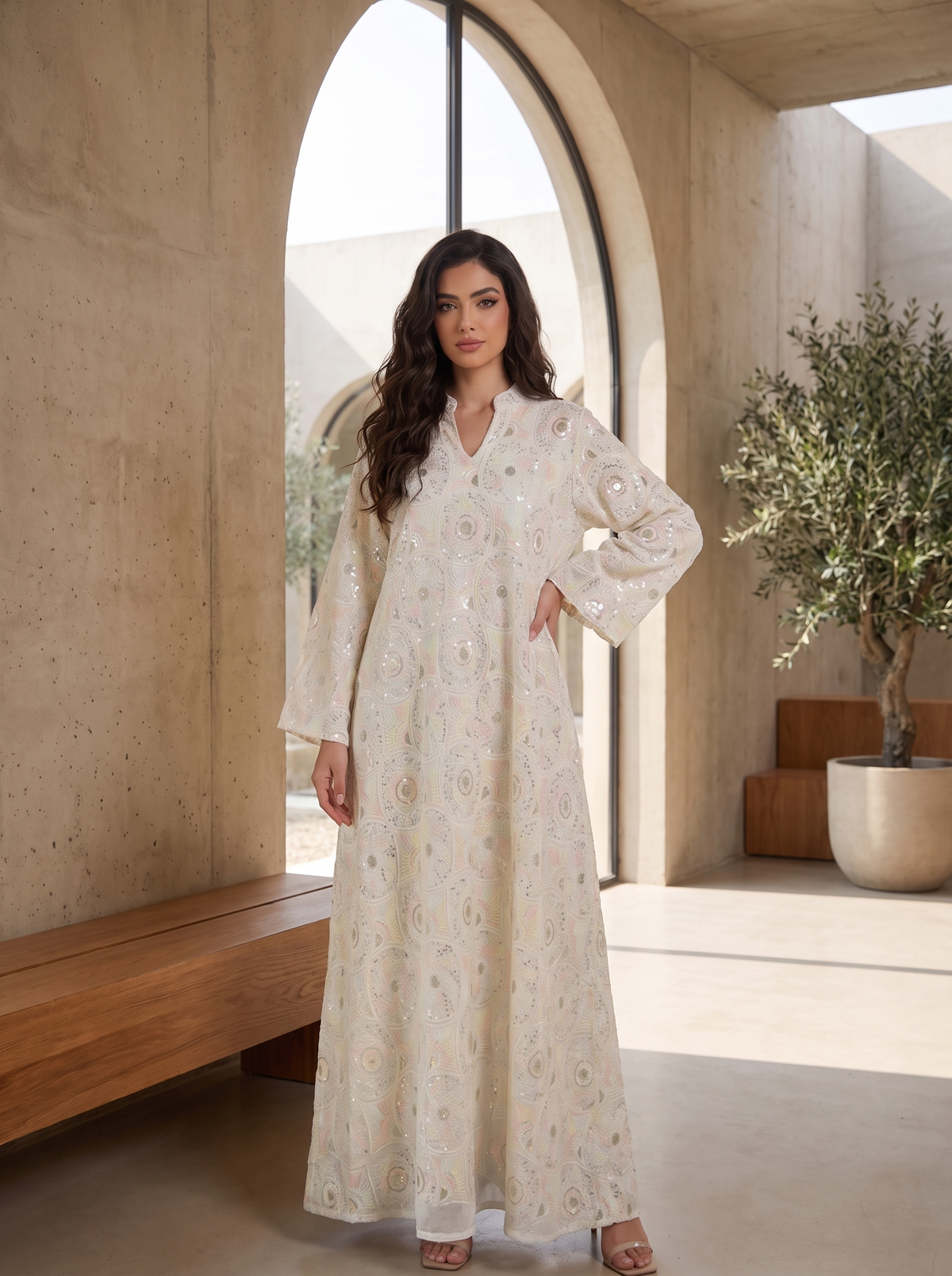 Women’s Ivory Geometric Sequin-Embroidered Maxi Kaftan Dress – Elegant Long-Sleeve Festive Abaya