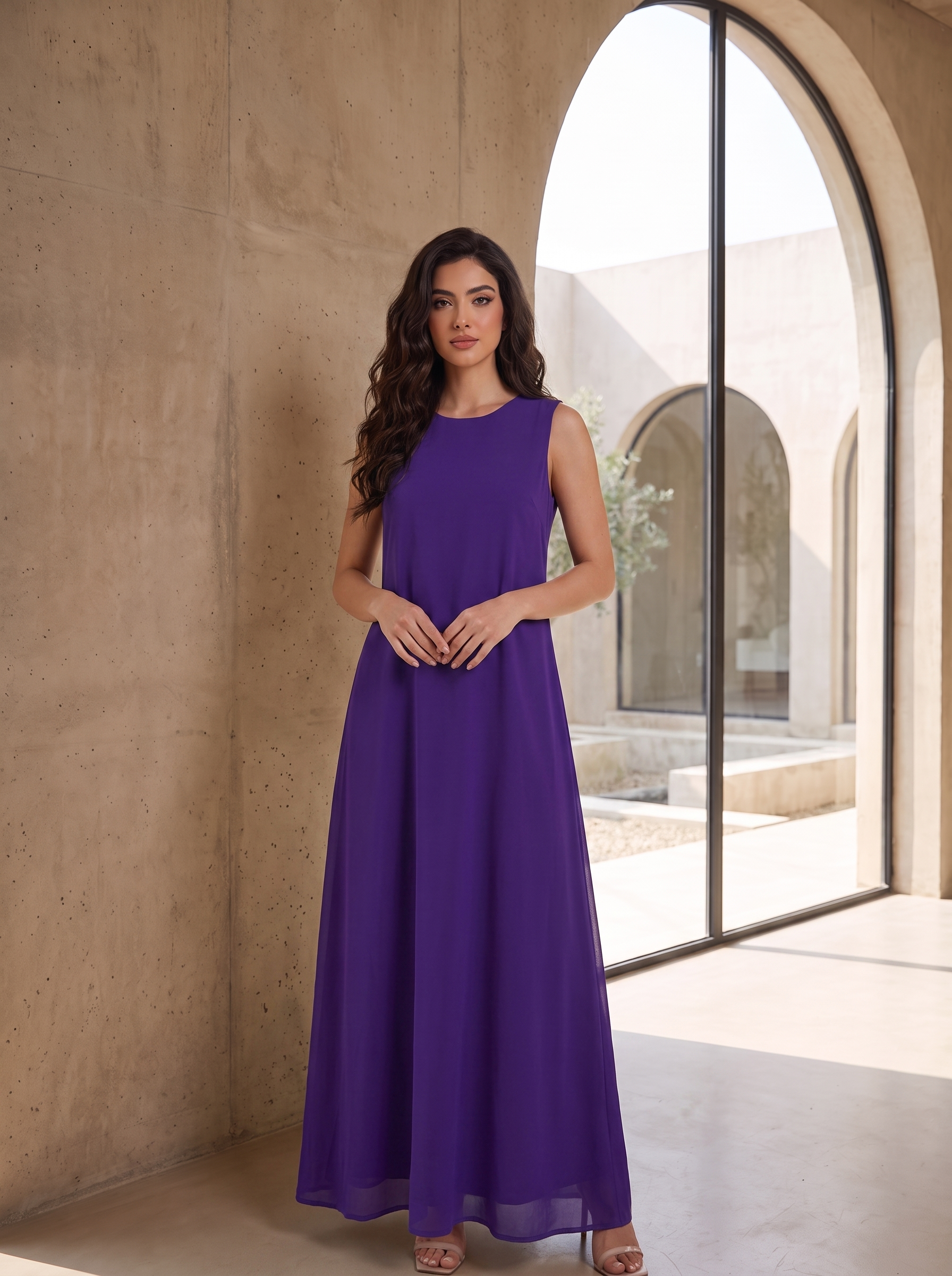 Women’s Purple Layered Maxi Kaftan Dress with Patterned Overcoat – Elegant 2-Piece Festive Abaya Set