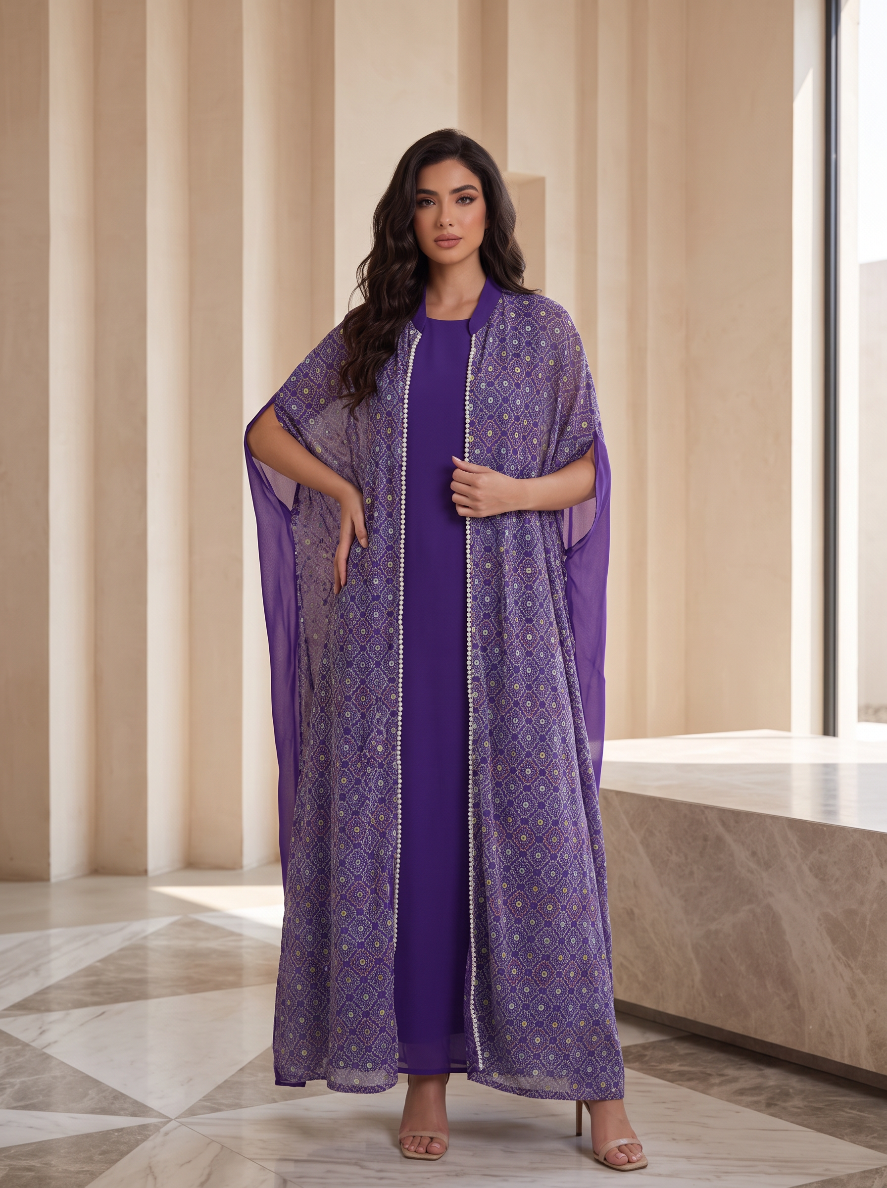 Women’s Purple Layered Maxi Kaftan Dress with Patterned Overcoat – Elegant 2-Piece Festive Abaya Set