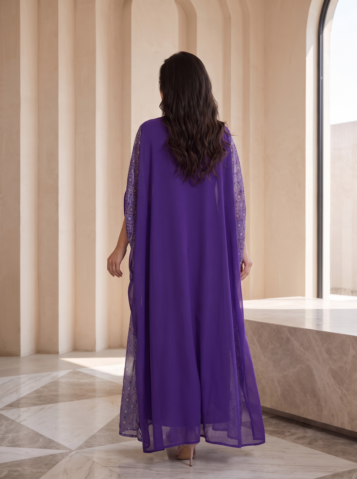 Women’s Purple Layered Maxi Kaftan Dress with Patterned Overcoat – Elegant 2-Piece Festive Abaya Set