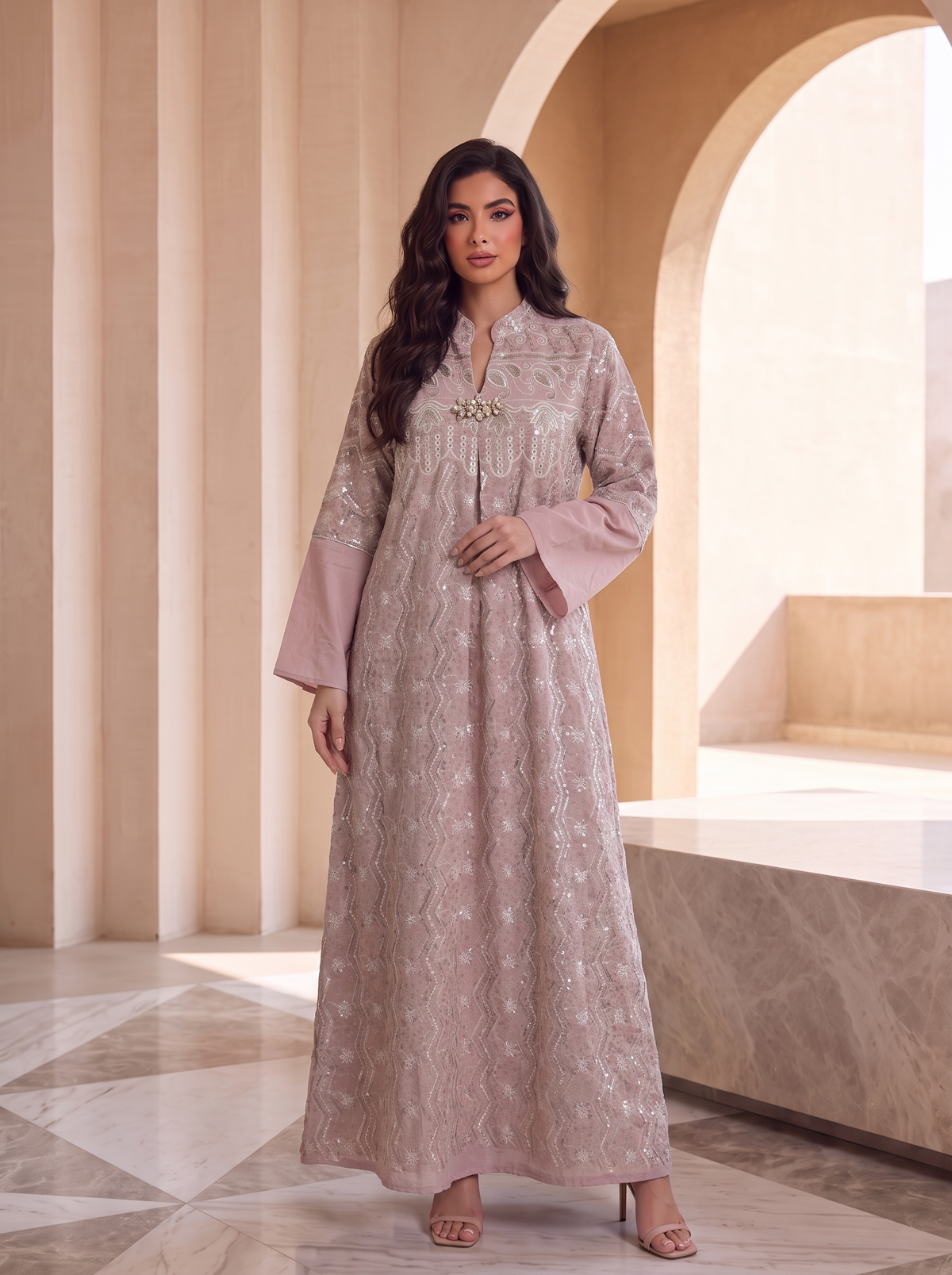 Women’s Embroidered & Sequined Maxi Kaftan Dress – Elegant Long-Sleeve Festive & Evening Abaya