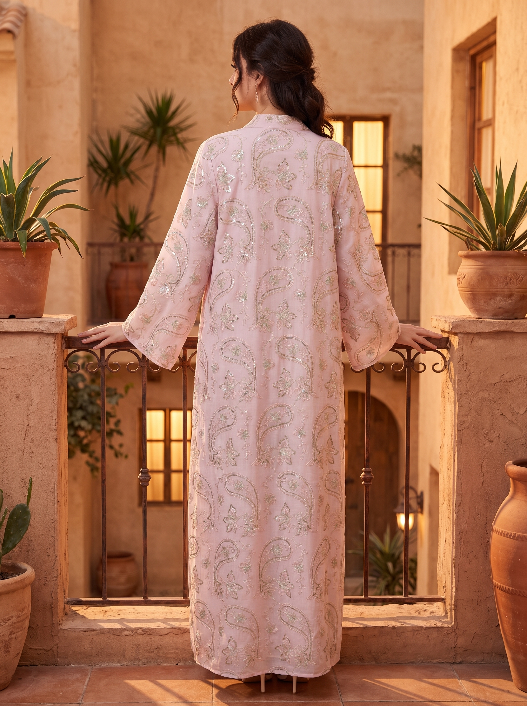Women’s Light Pink Paisley Embroidered Maxi Kaftan Dress – Elegant Long-Sleeve Festive Abaya