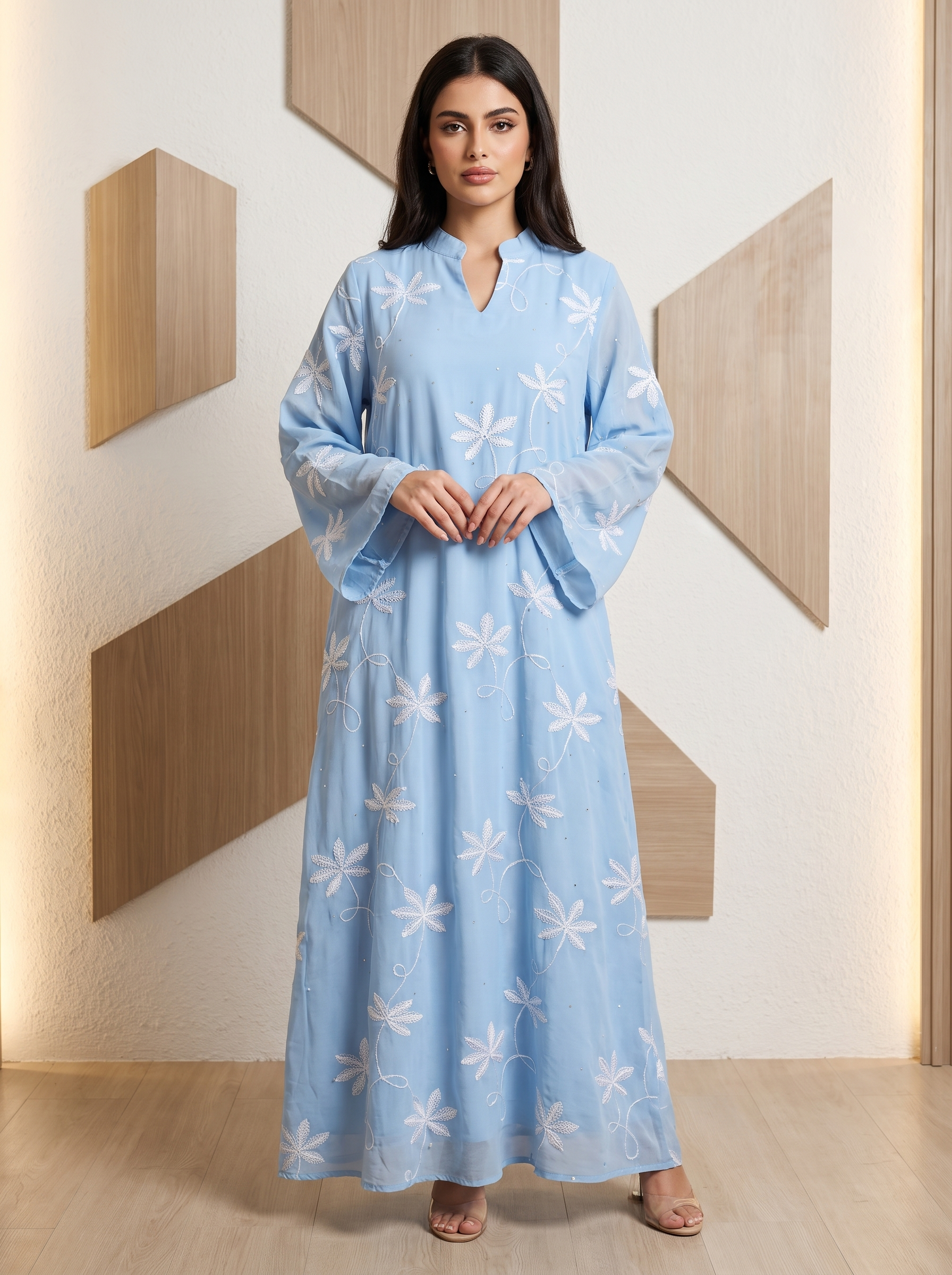 Women’s Light Blue Floral Embroidered Maxi Kaftan Dress – Elegant Long-Sleeve Festive Abaya