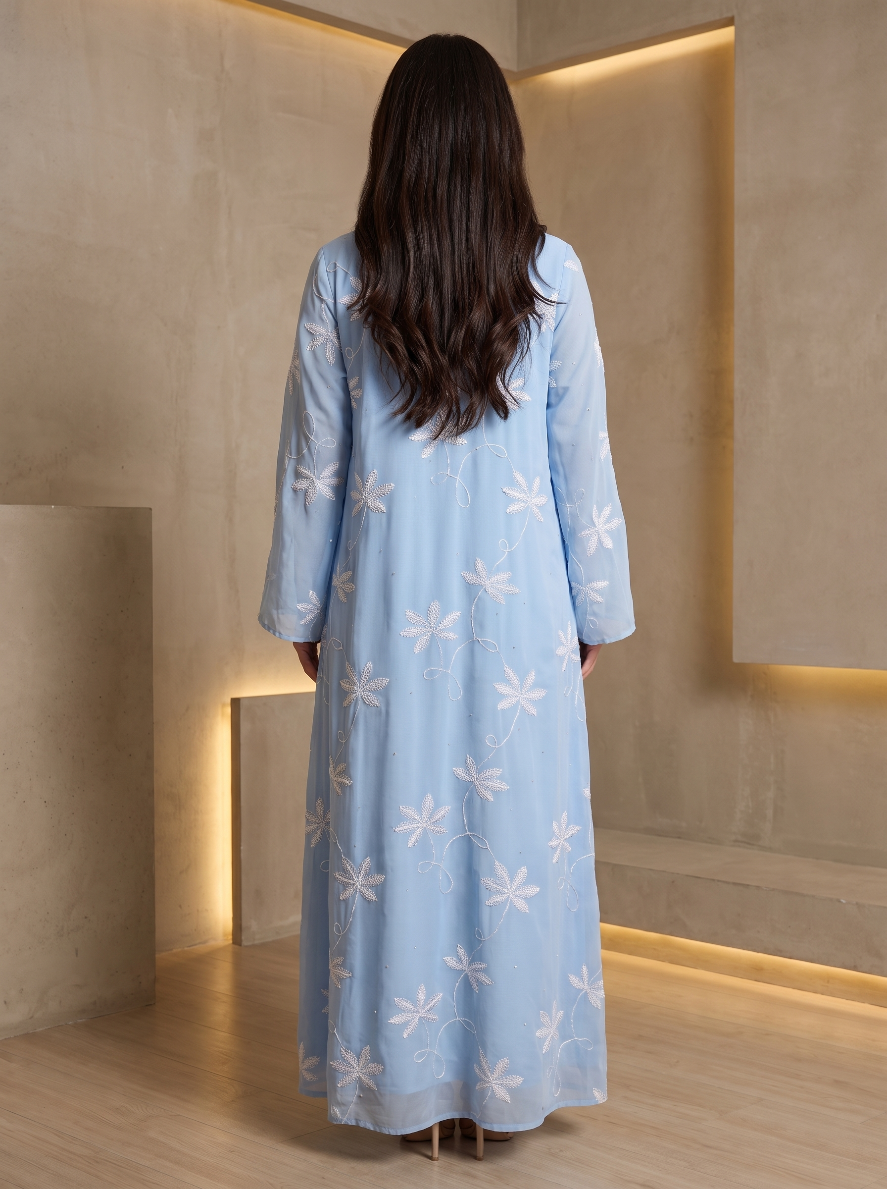 Women’s Light Blue Floral Embroidered Maxi Kaftan Dress – Elegant Long-Sleeve Festive Abaya