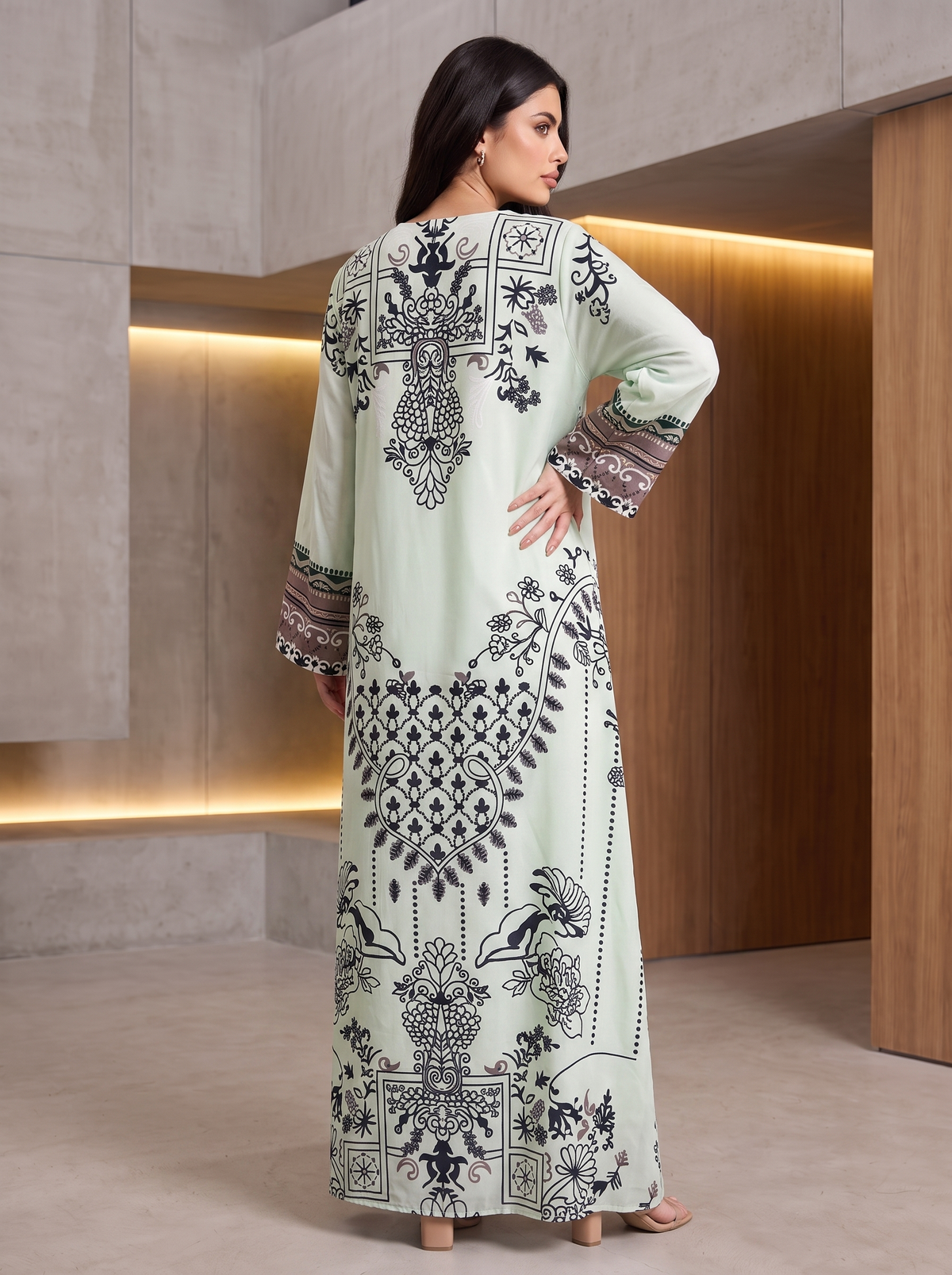 Women’s Mint Green Printed & Rhinestone Maxi Kaftan Dress – Elegant Long-Sleeve Festive Abaya
