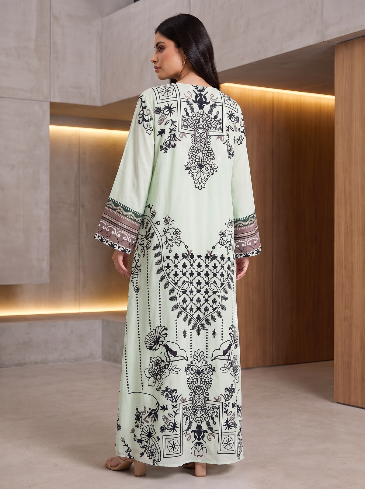 Women’s Mint Green Printed & Rhinestone Maxi Kaftan Dress – Elegant Long-Sleeve Festive Abaya