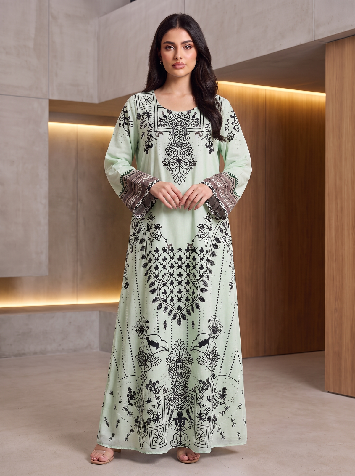 Women’s Mint Green Printed & Rhinestone Maxi Kaftan Dress – Elegant Long-Sleeve Festive Abaya