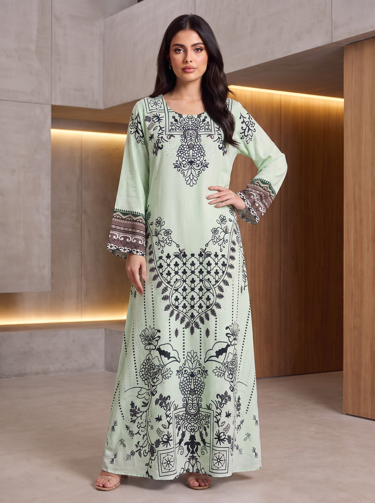 Women’s Mint Green Printed & Rhinestone Maxi Kaftan Dress – Elegant Long-Sleeve Festive Abaya