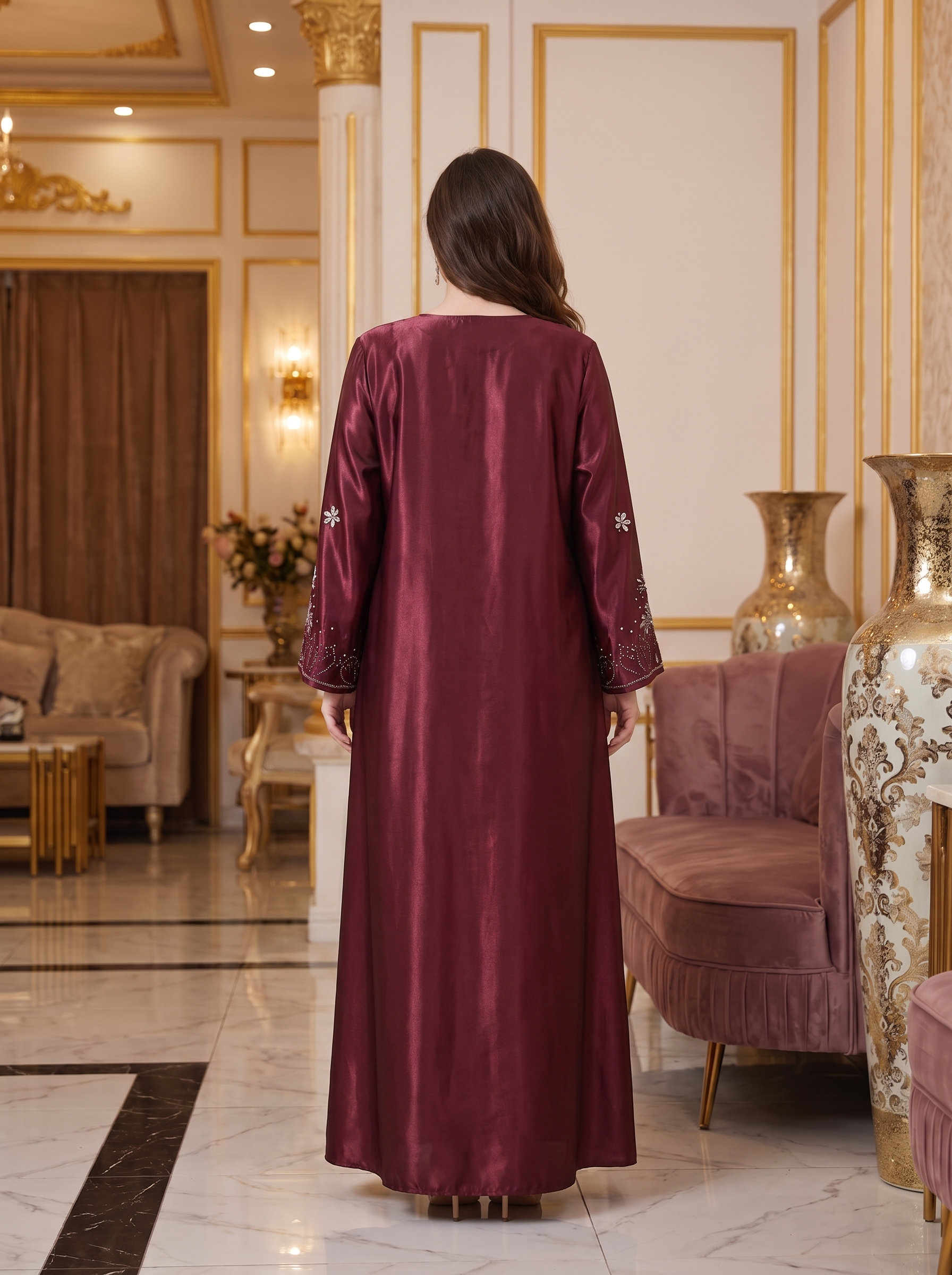 Women’s Burgundy Satin Embroidered Maxi Kaftan Dress – Elegant Long-Sleeve Festive Abaya