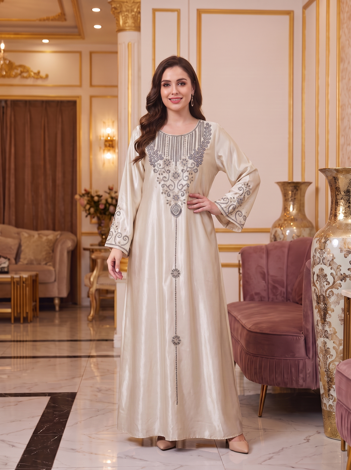 Women’s Satin Embroidered Maxi Kaftan Heavy Dress – Elegant Long-Sleeve Festive Abaya
