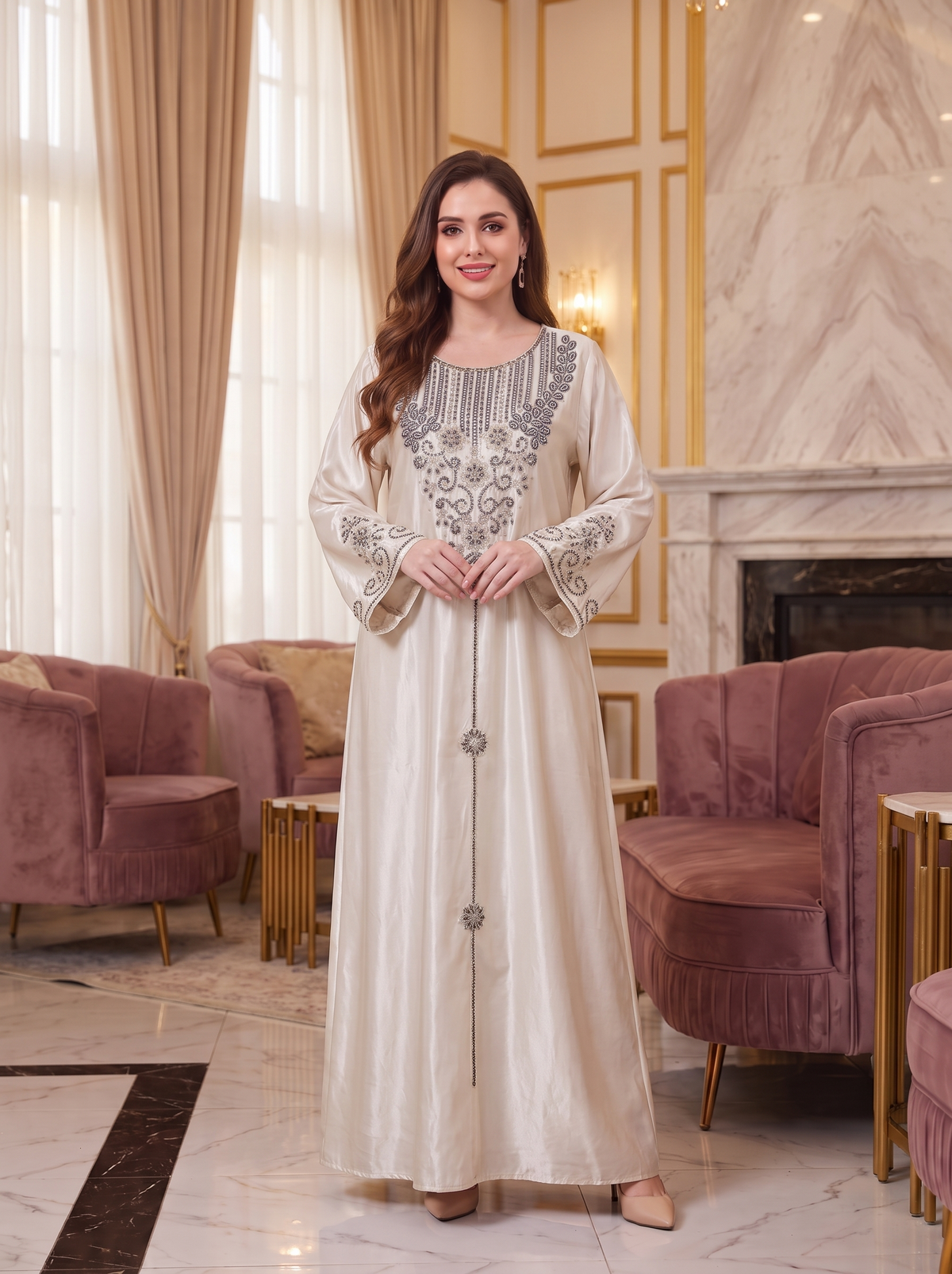 Women’s Satin Embroidered Maxi Kaftan Heavy Dress – Elegant Long-Sleeve Festive Abaya