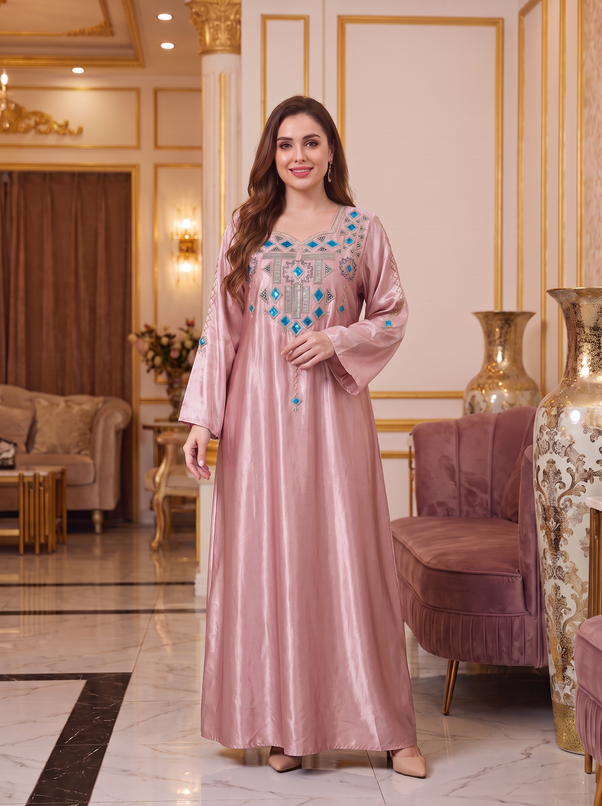 Women’s Dusty Rose Satin Embroidered Maxi Kaftan Dress – Elegant Long-Sleeve Festive Abaya
