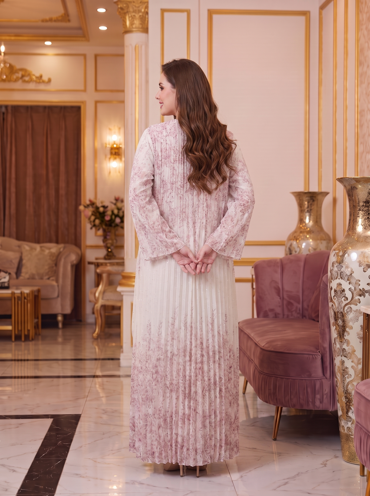 عنوان المنتج: فستان قفطان ماكسي مكسر بنقوش زهرية متدرجة (أومبريه) للنساء - عباية أنيقة بأكمام طويلة للمناسبات والأعياد