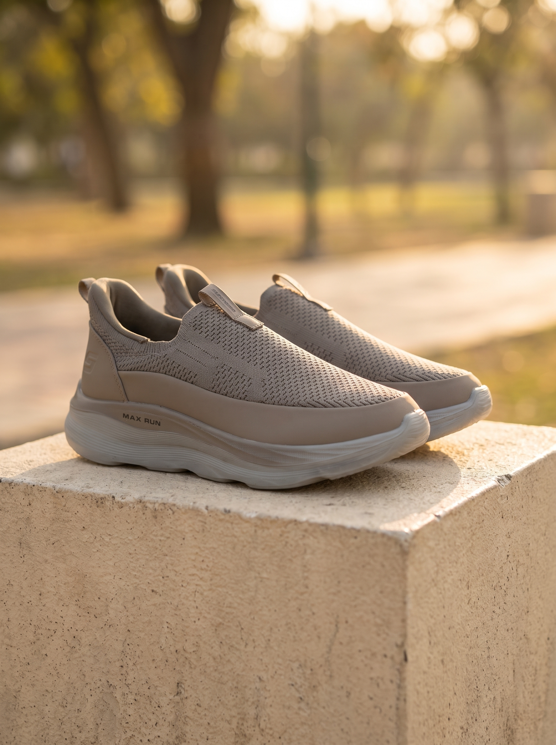 Max Run Walk Slip-On Walking Shoes | Lightweight Taupe Knit Athletic Sneakers for Men