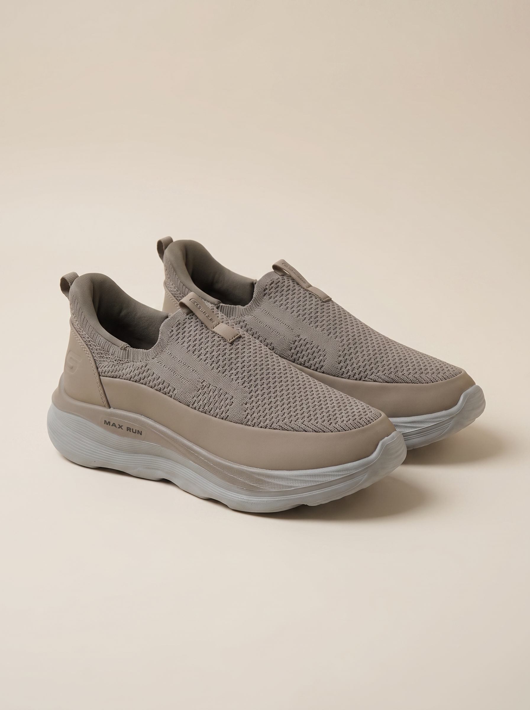 Max Run Walk Slip-On Walking Shoes | Lightweight Taupe Knit Athletic Sneakers for Men