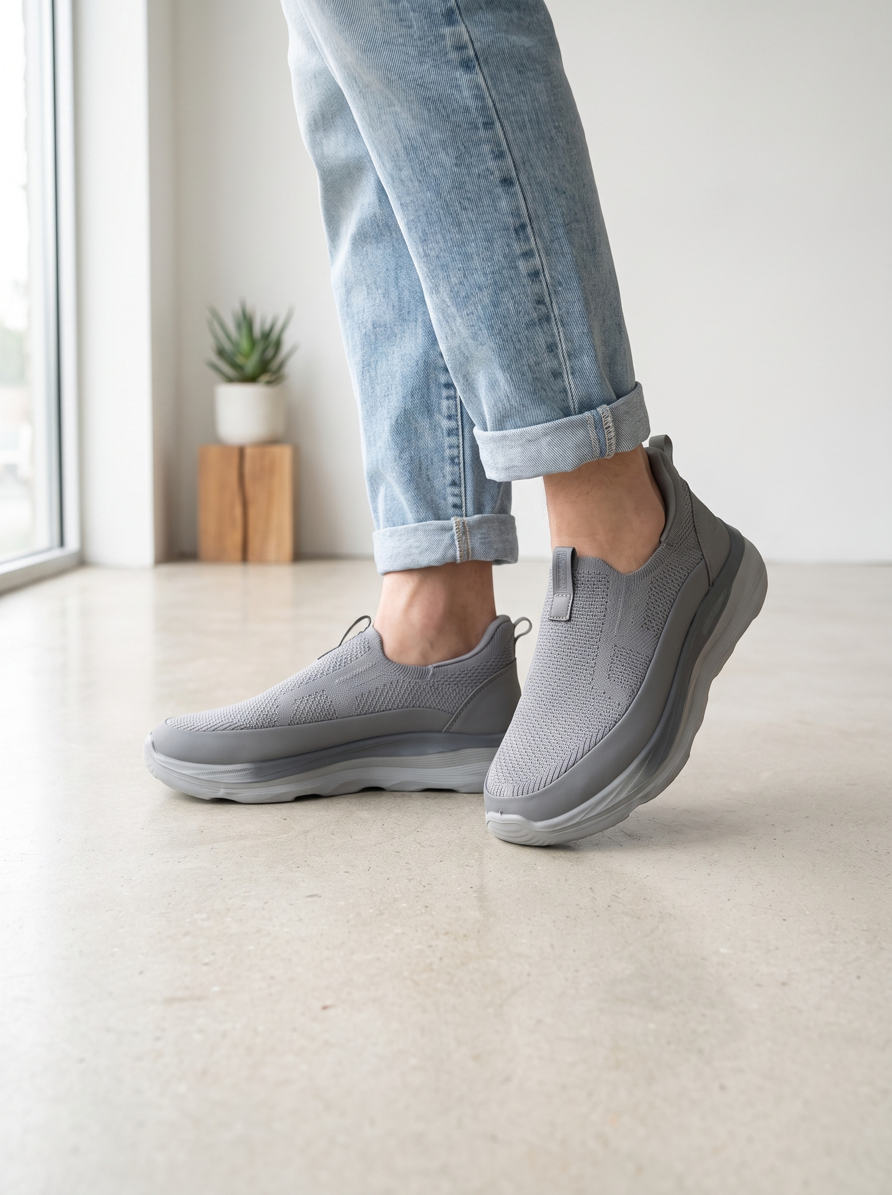 Skechers Max Walk Slip-On Walking Shoes | Lightweight Grey Knit Athletic Sneakers for Men