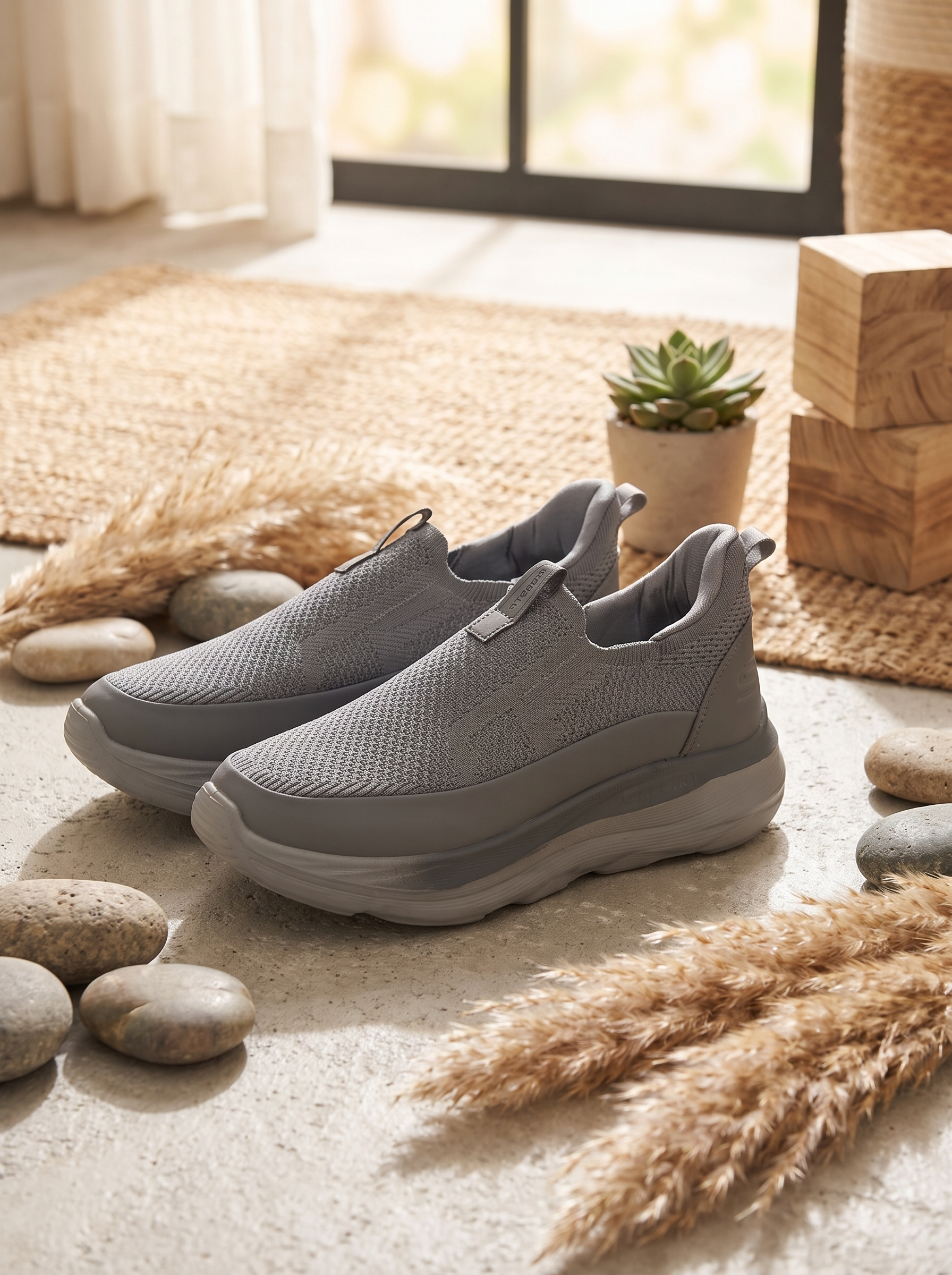 Skechers Max Walk Slip-On Walking Shoes | Lightweight Grey Knit Athletic Sneakers for Men