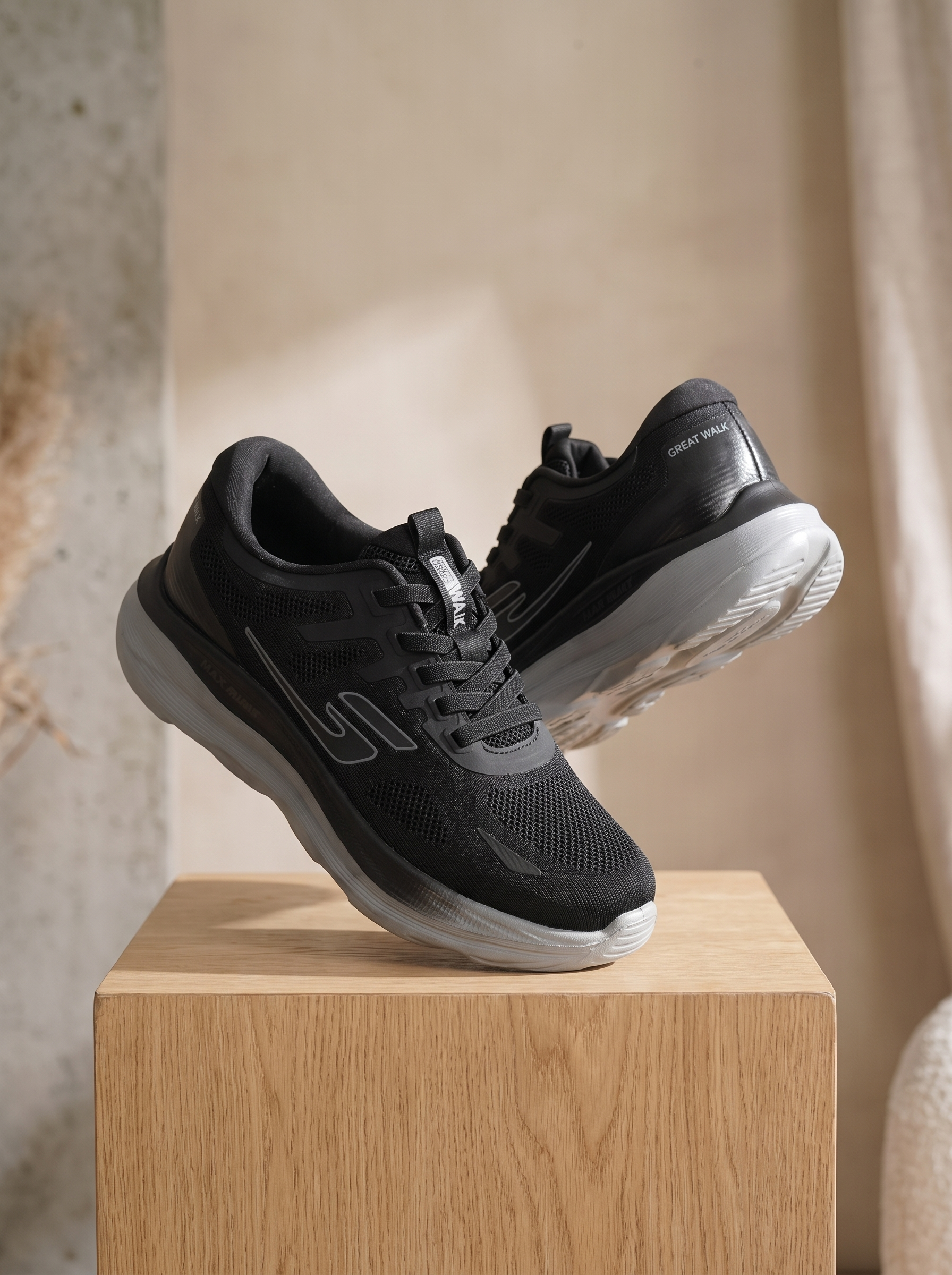 Great Walk Athletic Lace-Up Sneakers | Lightweight Black & Grey Running Shoes for Men