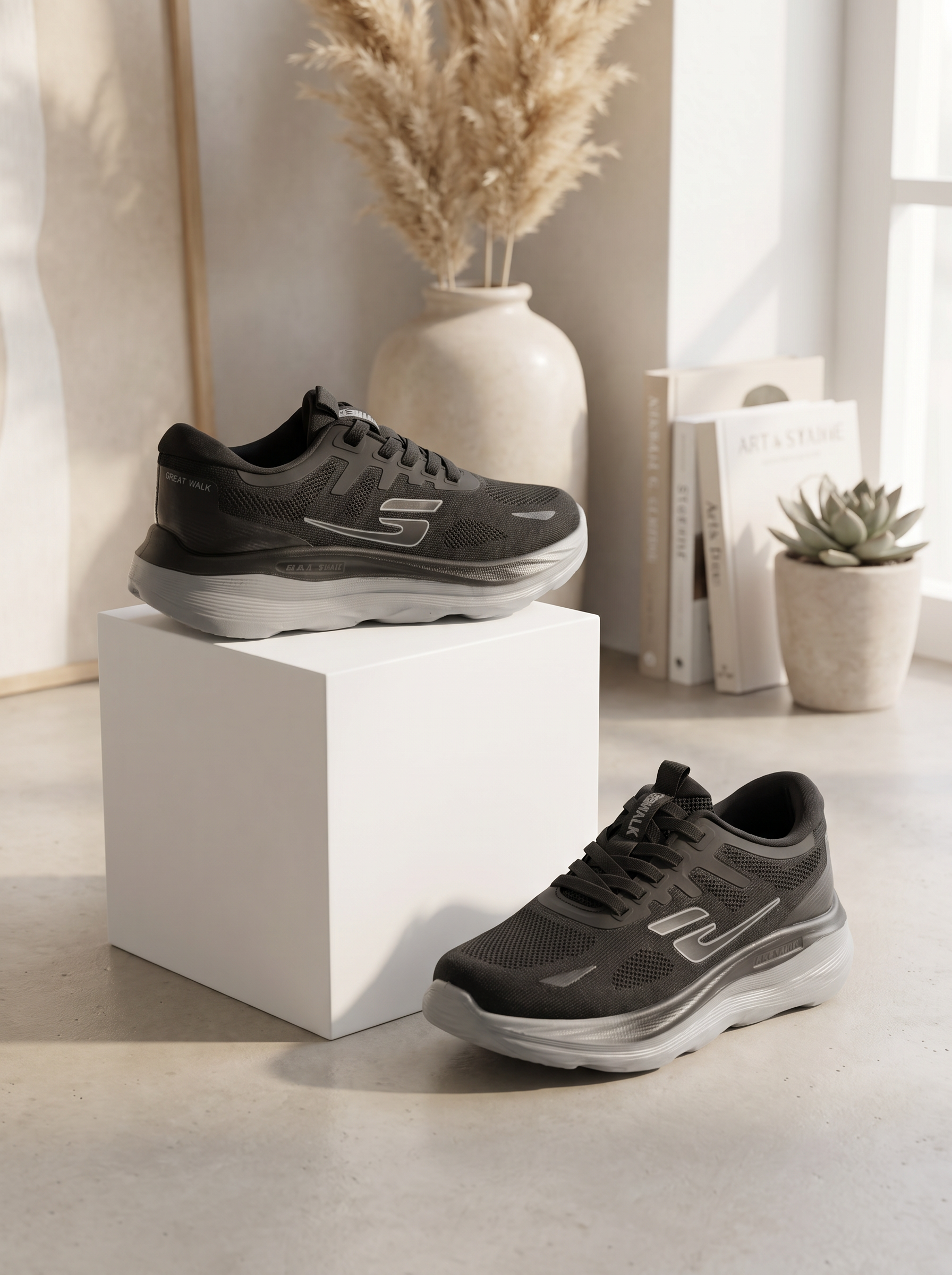 Great Walk Athletic Lace-Up Sneakers | Lightweight Black & Grey Running Shoes for Men