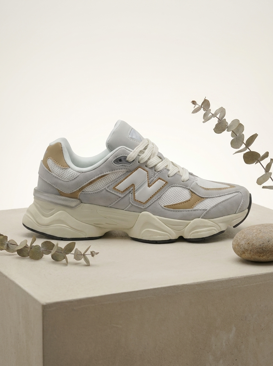 Men Retro Chunky Lifestyle Sneakers 9060 – Light Grey & Tan