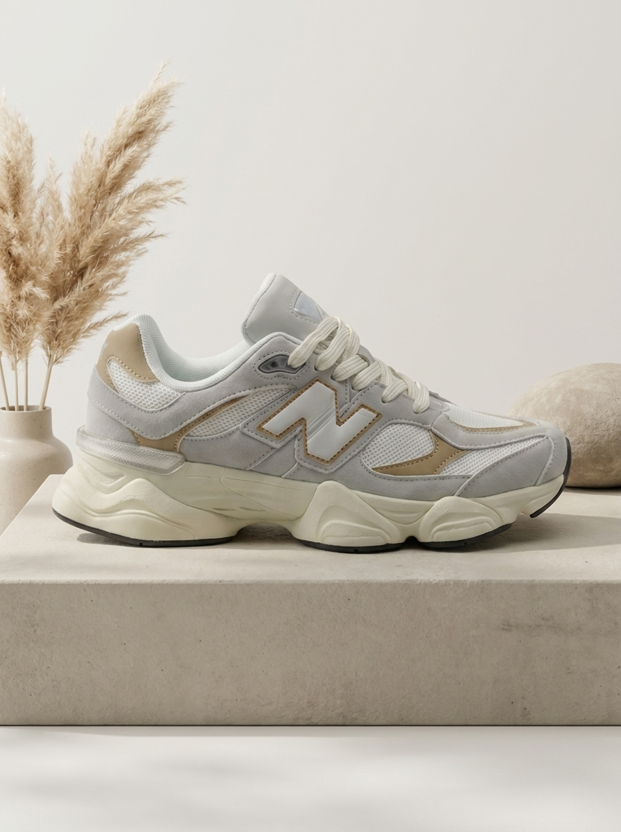 Men Retro Chunky Lifestyle Sneakers 9060 – Light Grey & Tan