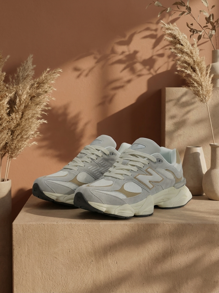 Men Retro Chunky Lifestyle Sneakers 9060 – Light Grey & Tan