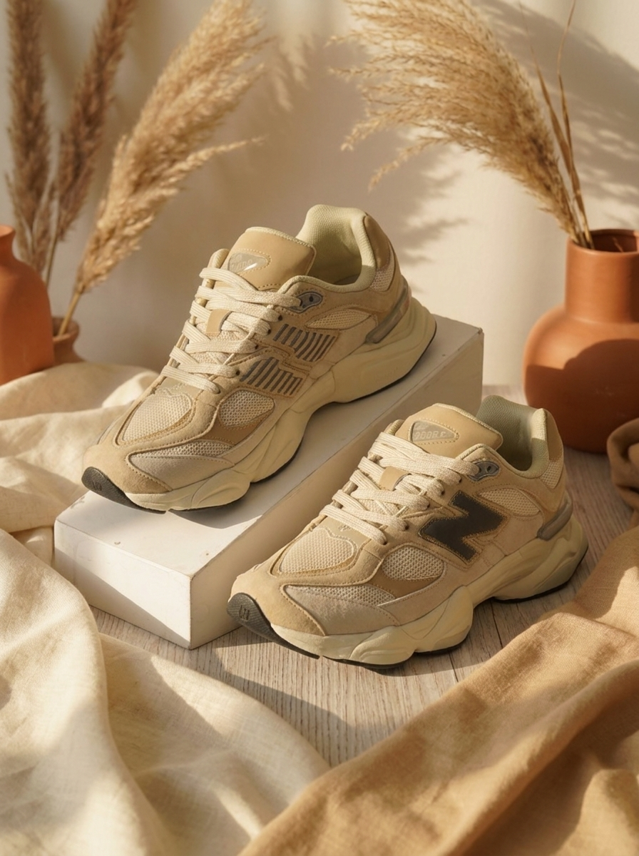 Men Retro Chunky Lifestyle Sneakers 9060 – Beige & Cream