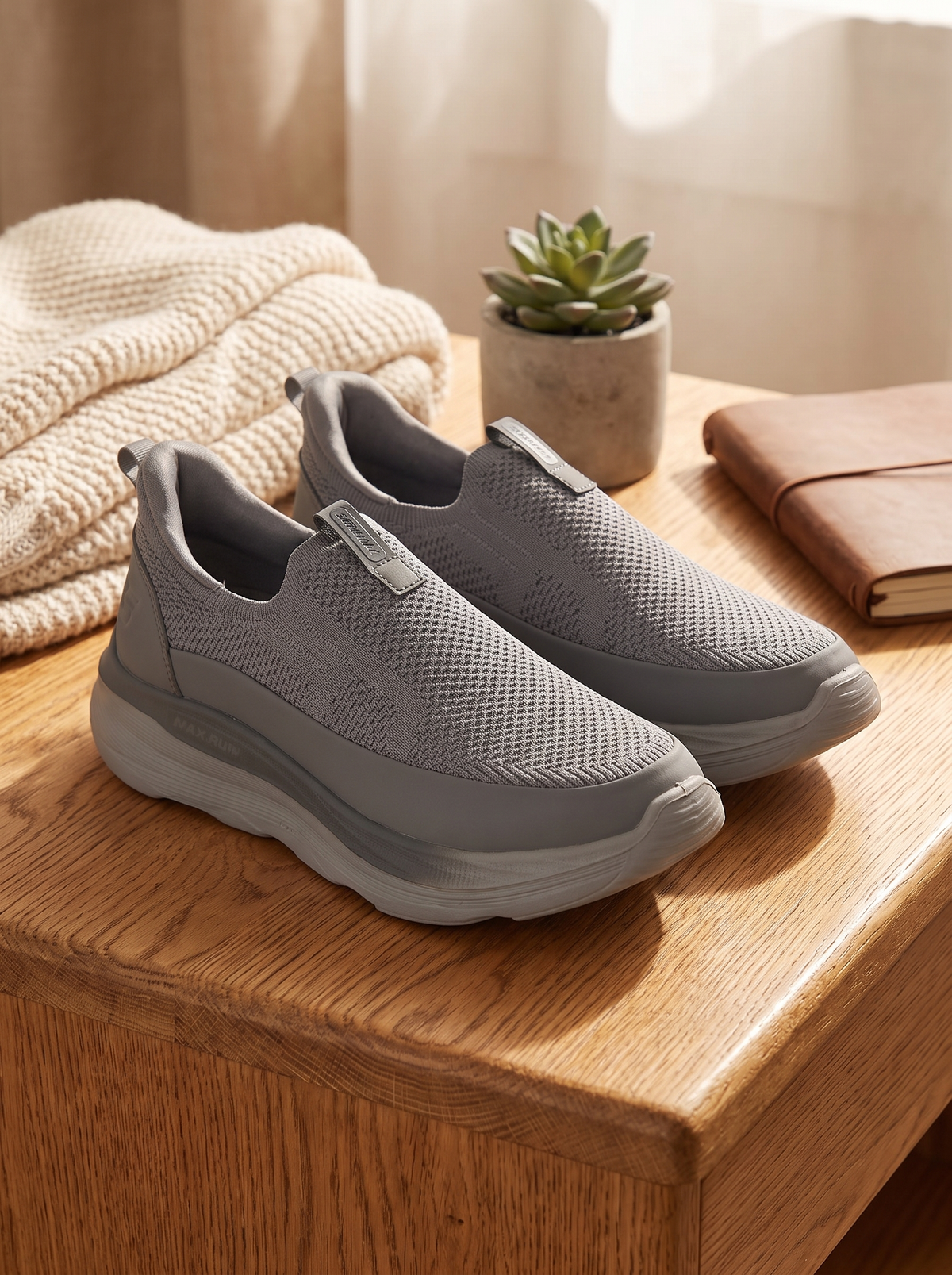 Max Run Walk Slip-On Walking Shoes | Lightweight Grey Knit Athletic Sneakers for Men