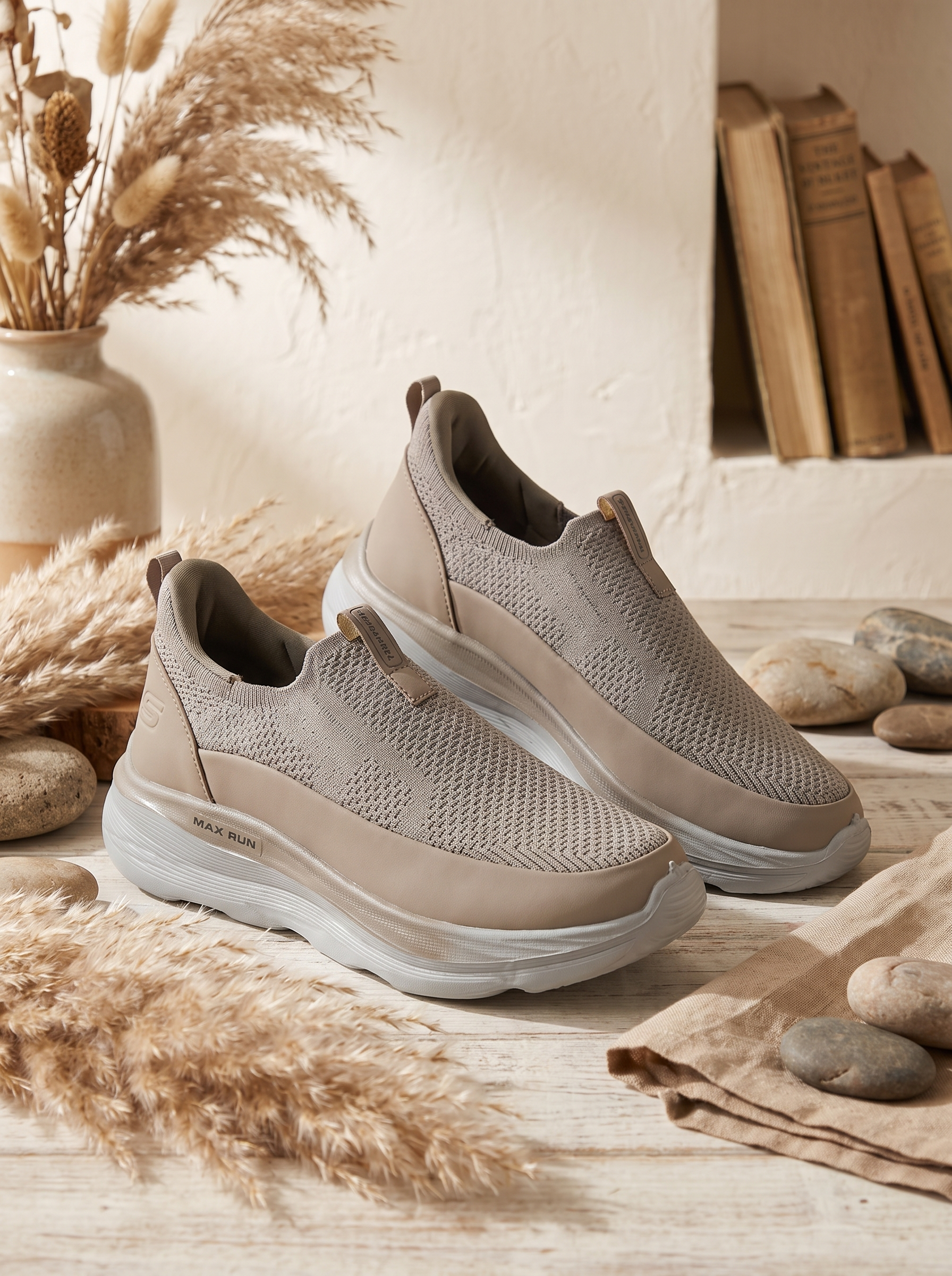 Max Run Walk Slip-On Walking Shoes | Lightweight Taupe Knit Athletic Sneakers for Men