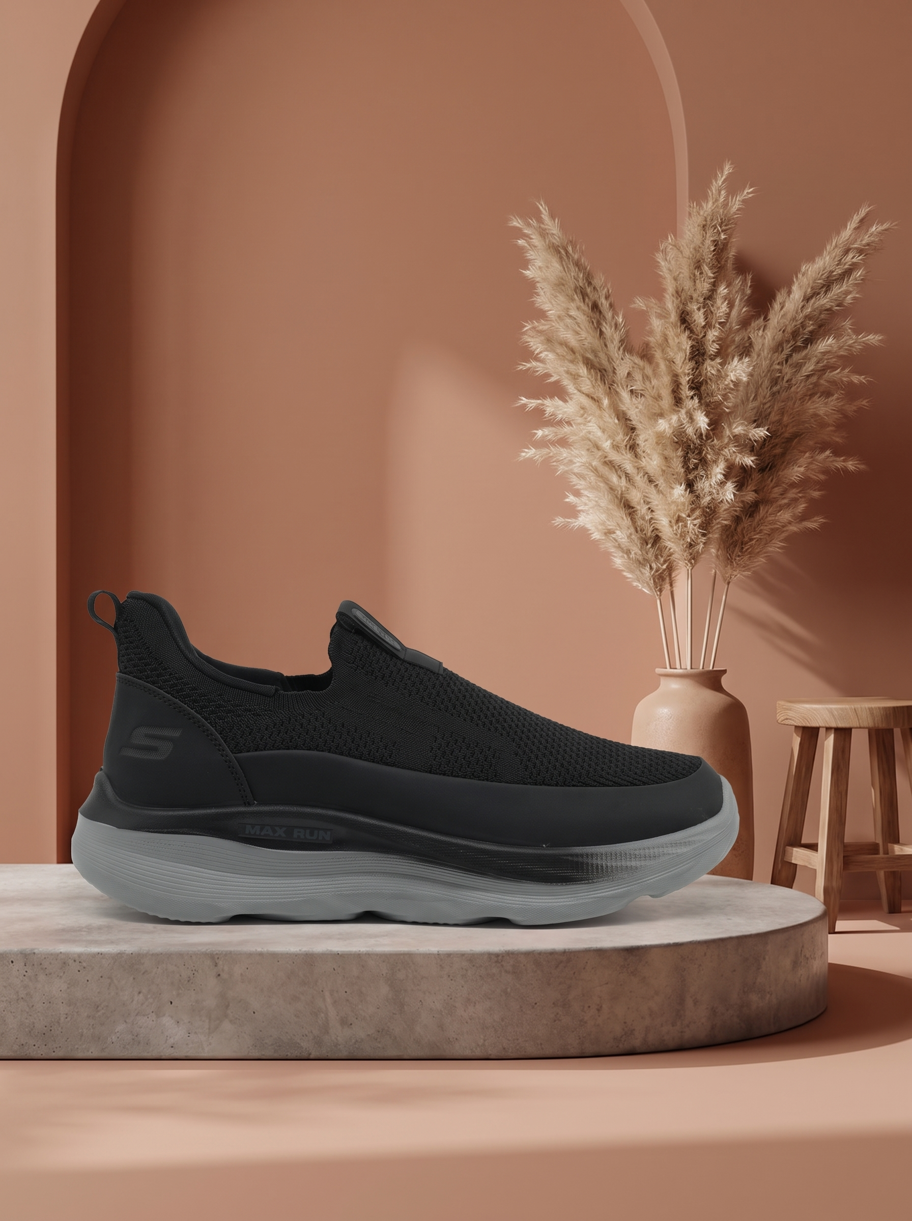 Max Run Walk Run Slip-On Walking Shoes | Lightweight Black Knit Athletic Sneakers for Men