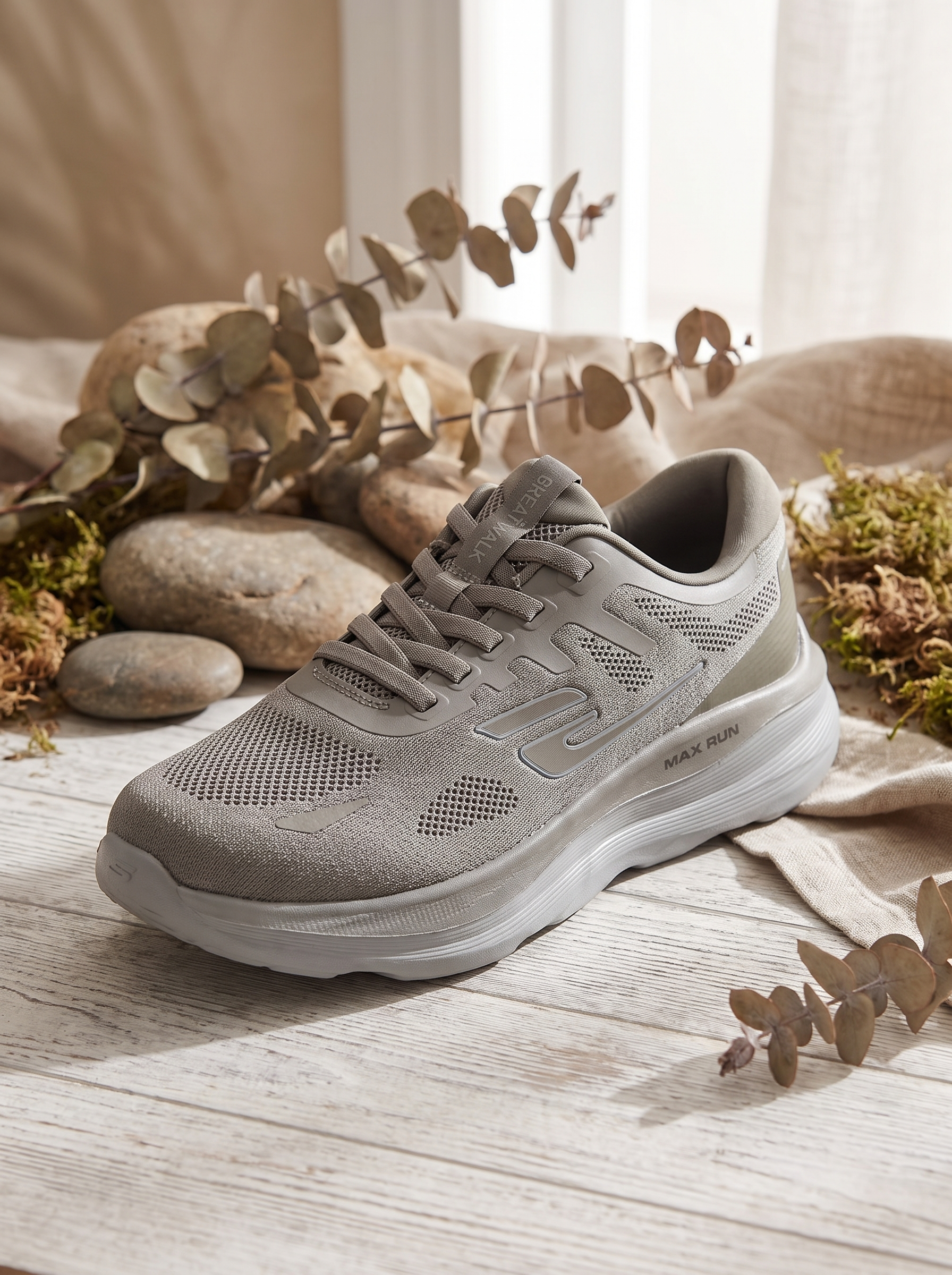 Great Walk Men’s Lightweight Athletic Running Shoes – Breathable Mesh Lace-Up Casual Walking Sneakers in Taupe & Grey
