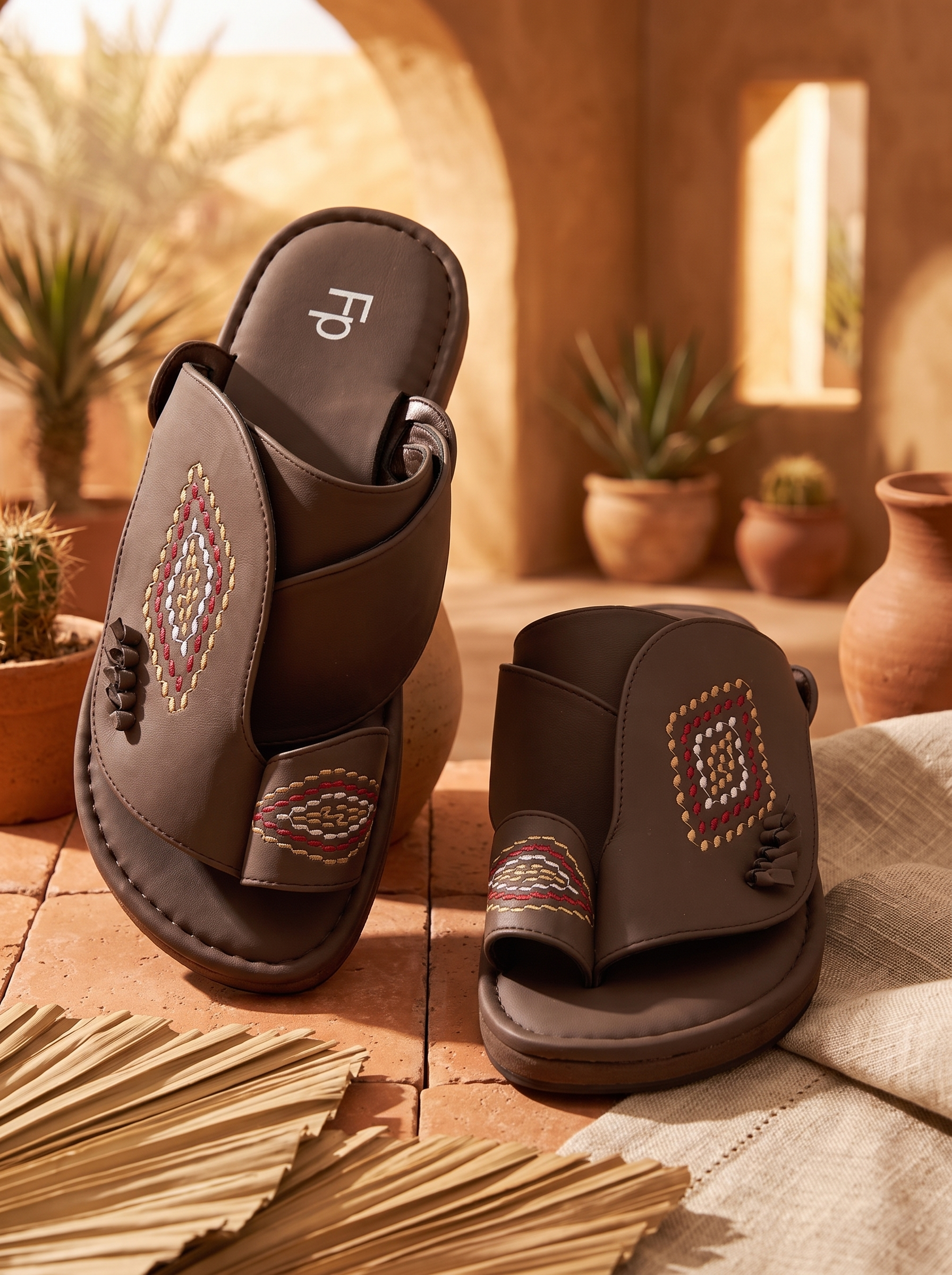 Men's Dark Brown Embroidered Leather Arabic Slide Sandals - Traditional Toe-Loop Slippers