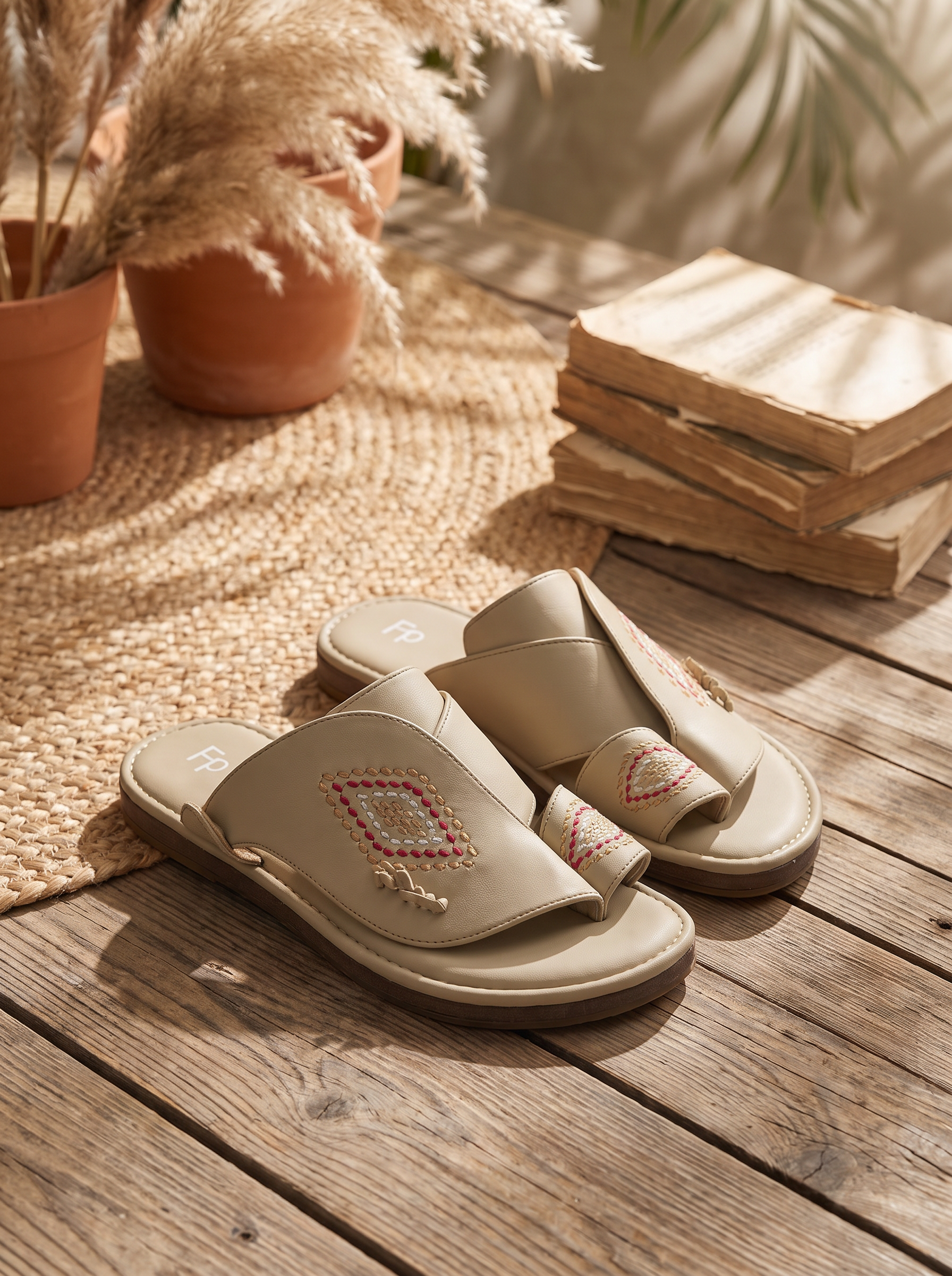 Men's Dark Brown Embroidered Leather Arabic Slide Sandals - Traditional Toe-Loop Slippers