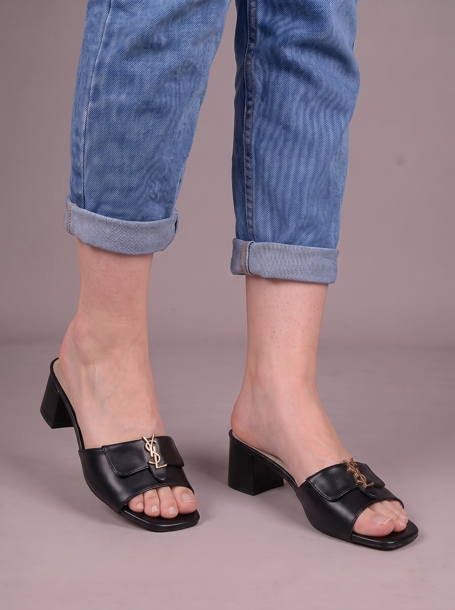 Women's Low Block Heel Mule Sandals - Gold Hardware Square Toe Slip-On Shoes