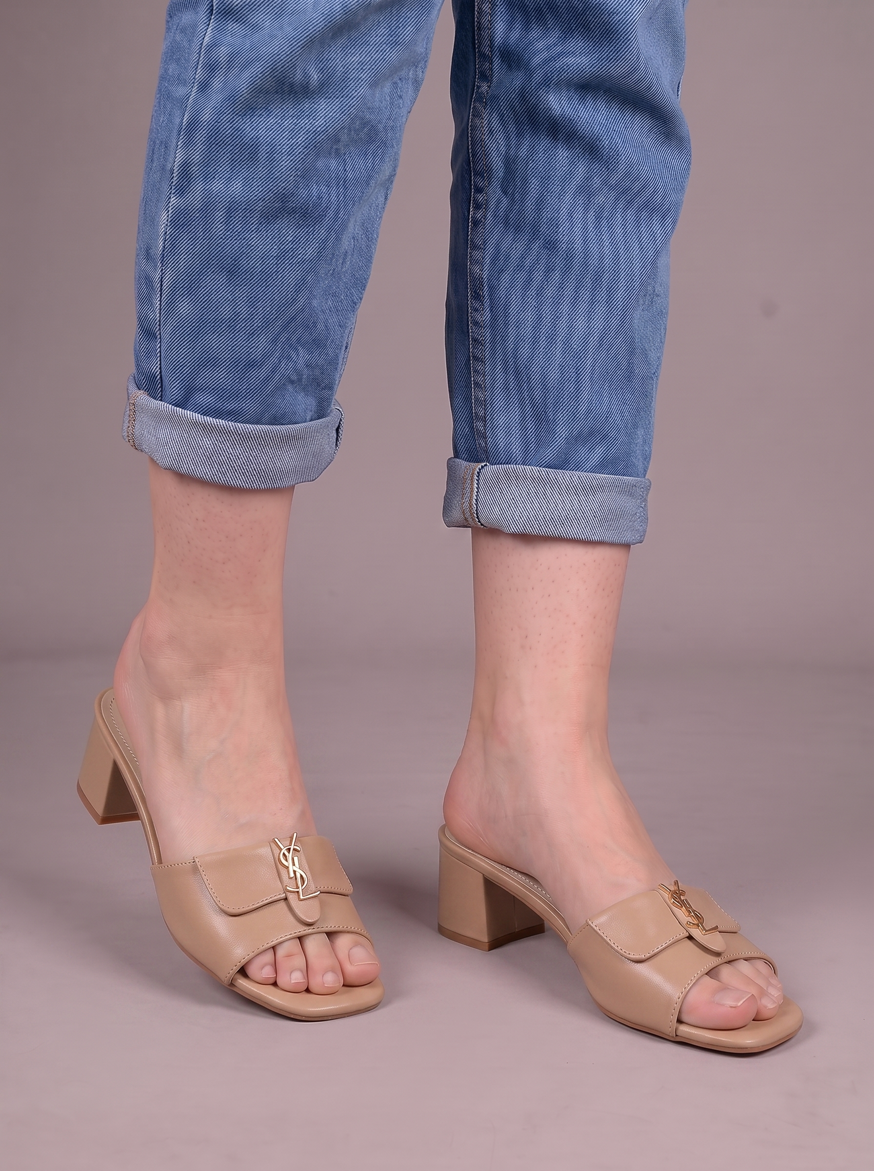 Women's Low Block Heel Mule Sandals - Gold Hardware Square Toe Slip-On Shoes