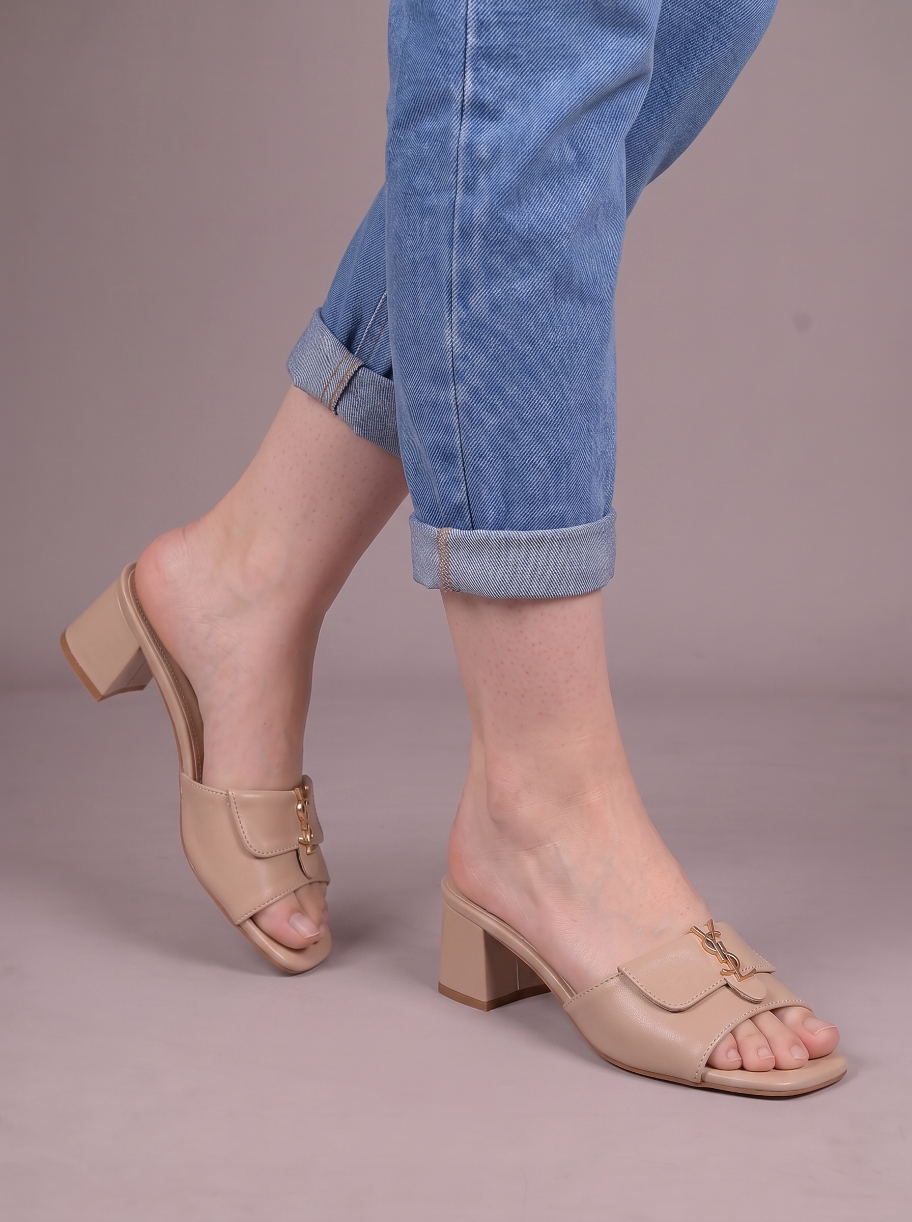 Women's Low Block Heel Mule Sandals - Gold Hardware Square Toe Slip-On Shoes
