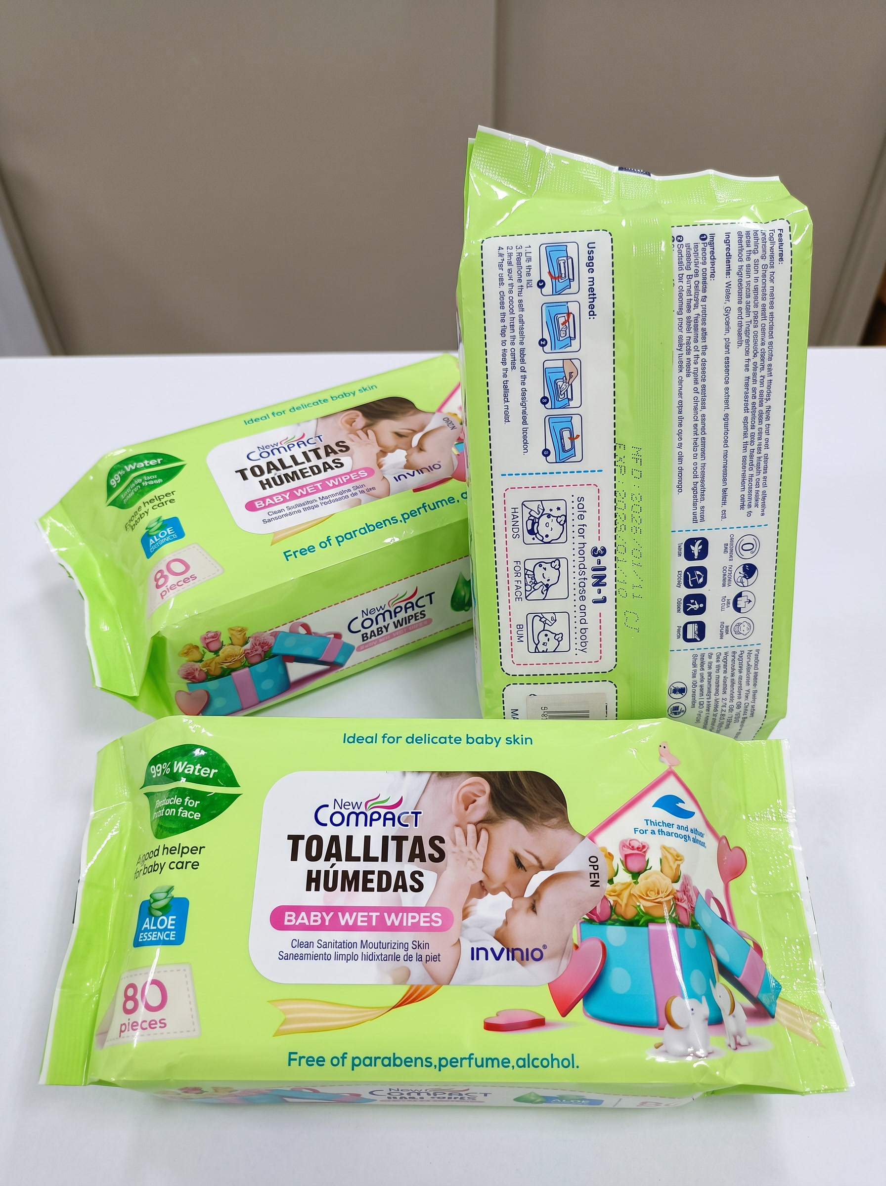 New Compact Toallitas Húmedas Baby Wet Wipes – 99% Water & Aloe Essence (80 Pcs)