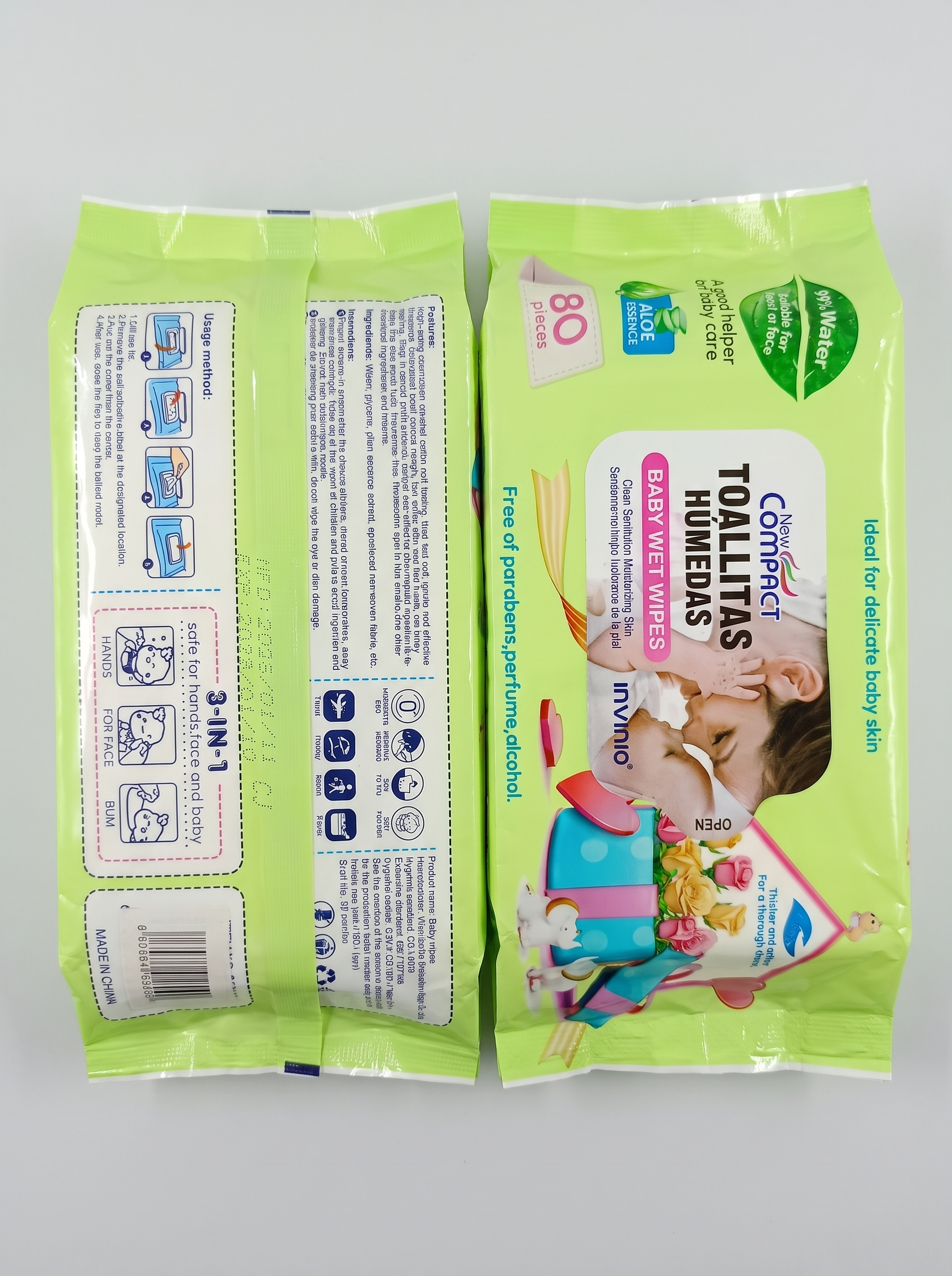 New Compact Toallitas Húmedas Baby Wet Wipes – 99% Water & Aloe Essence (80 Pcs)